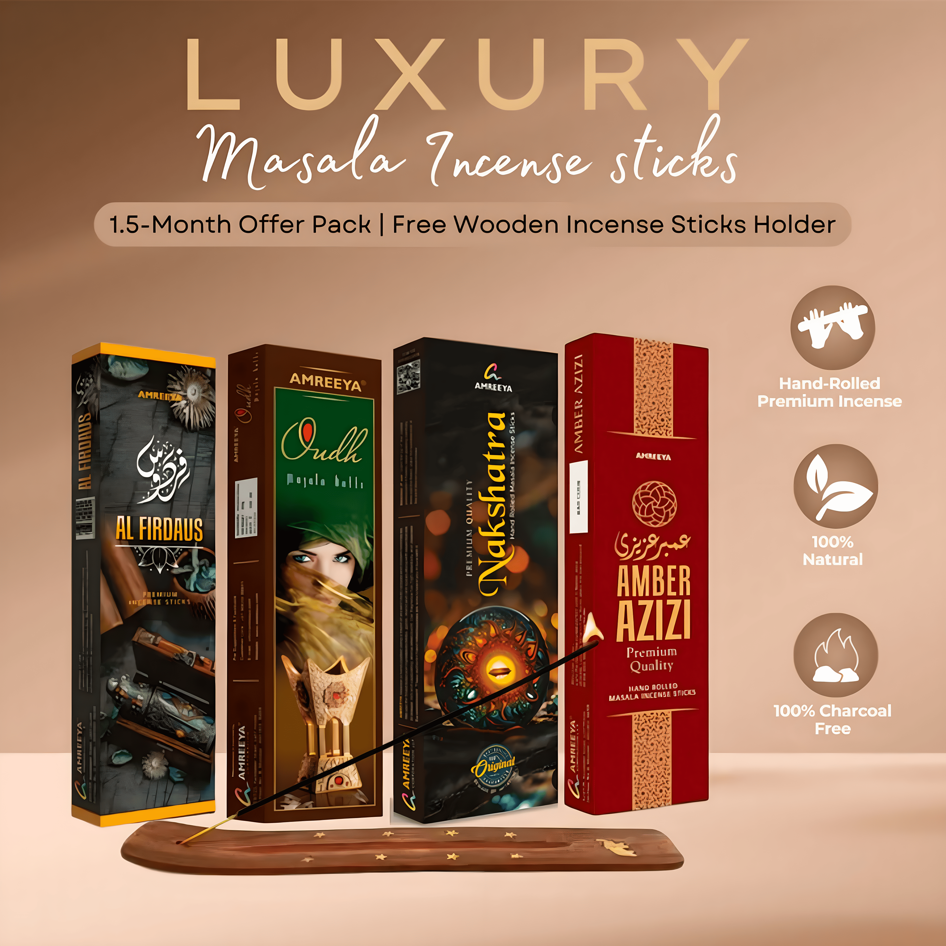 Amreeya Luxury Masala Incense Sticks - 1.5-Month Offer Pack | 92 Sticks + Free Incense Holder