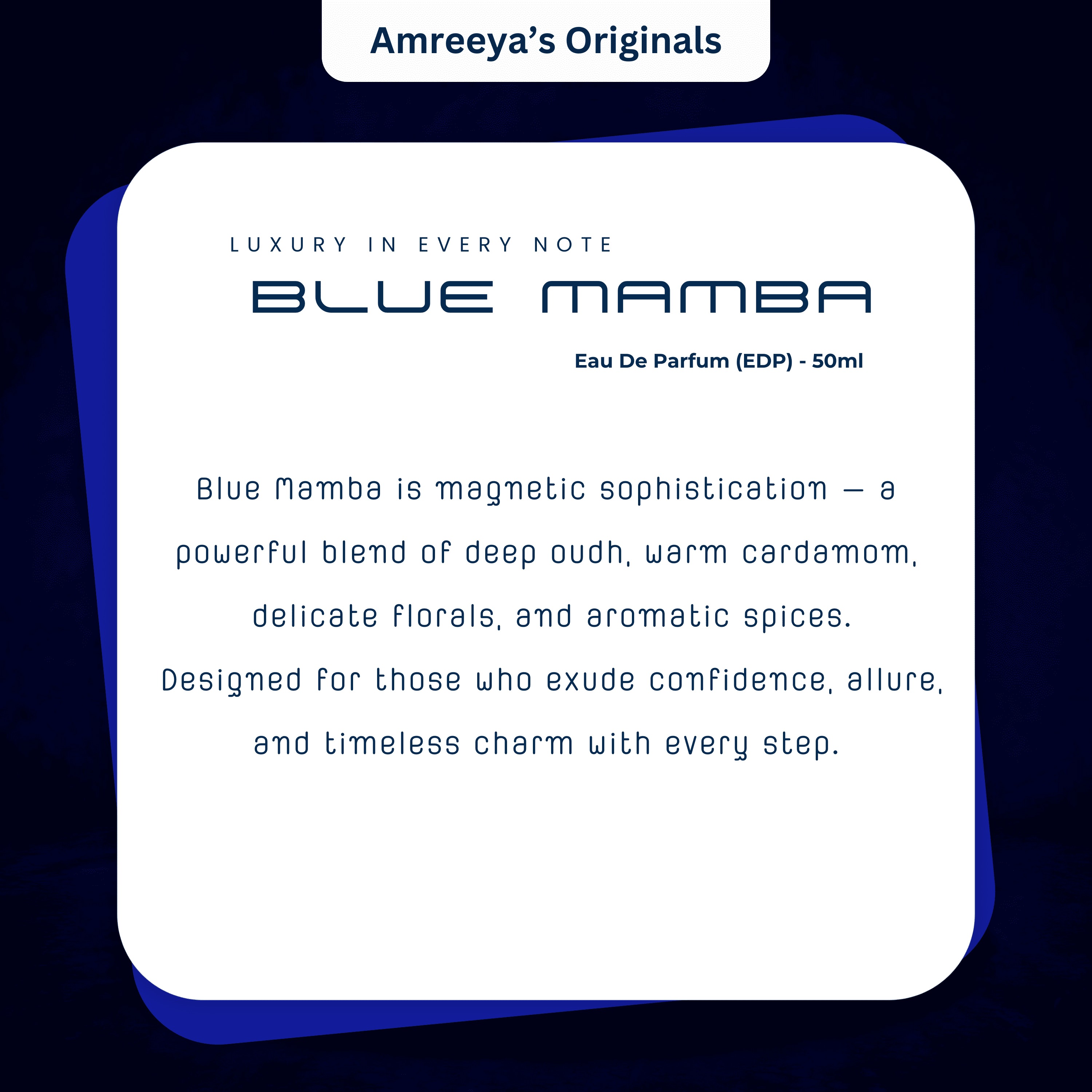 Amreeya Originals Blue Mamba – Premium Niche Eau de Parfum | Oudh Cardamom Floral Spices