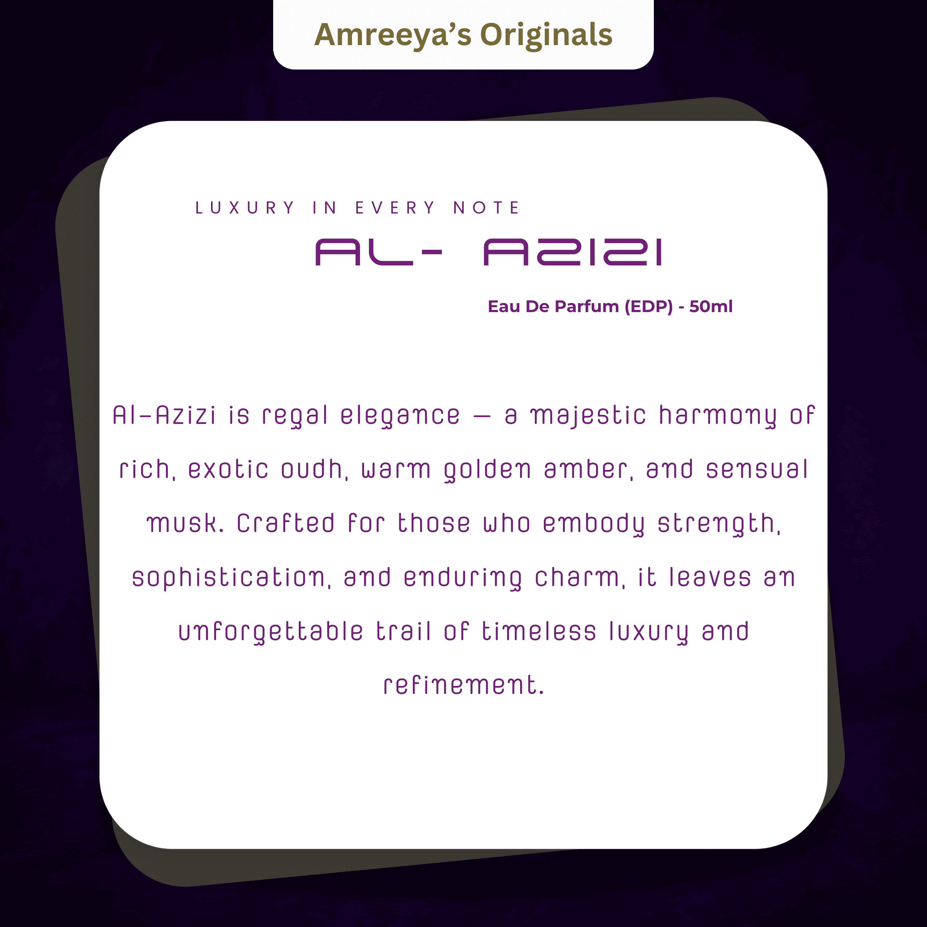 Amreeya Originals Al-Azizi – Premium Niche Eau de Parfum | Oudh Amber Musky Elegance
