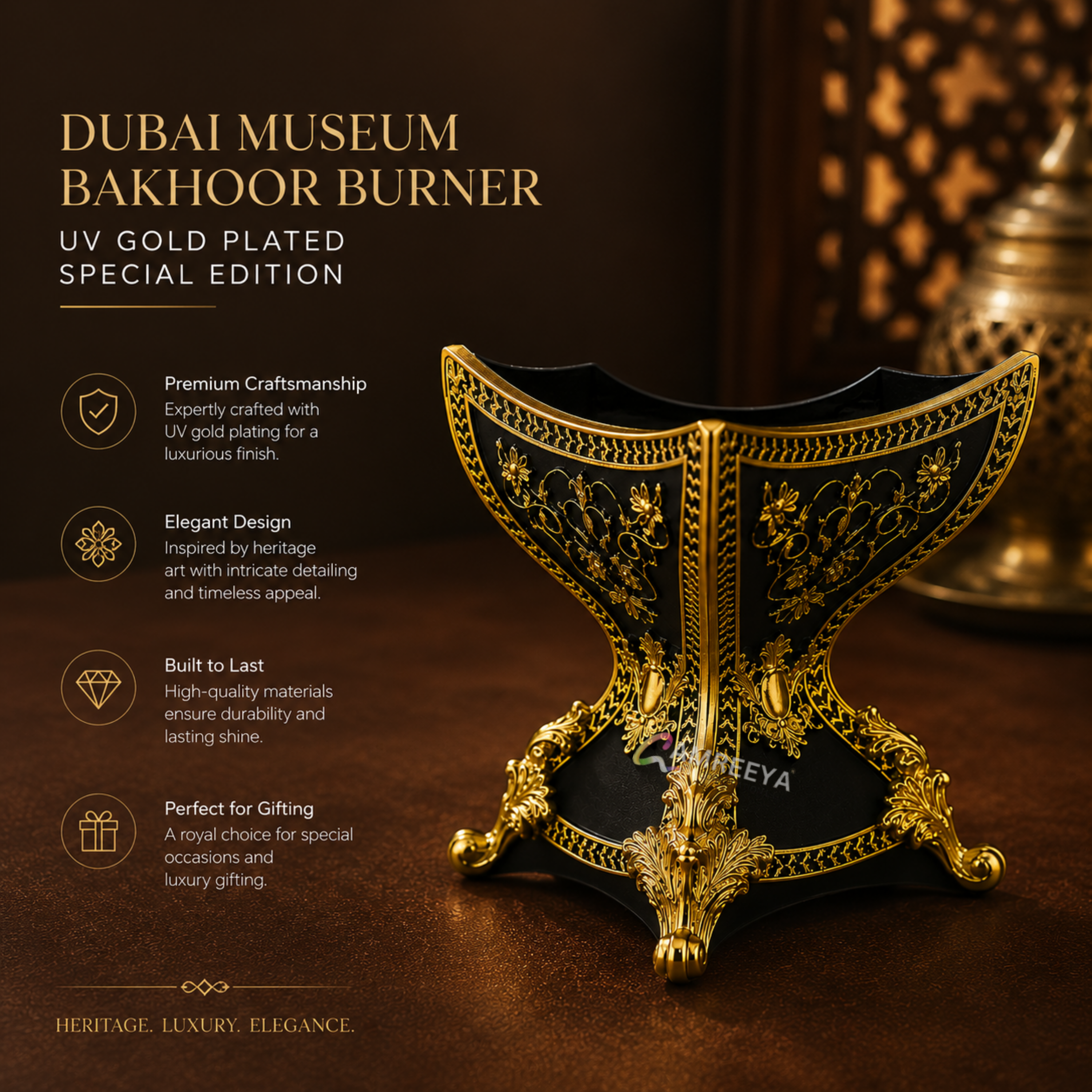 Imported Royal Black Bakhoor Burner – Luxury Arabic Incense Burner with Gold Detailing | Premium Arabian Oud Burner for Home Décoration
