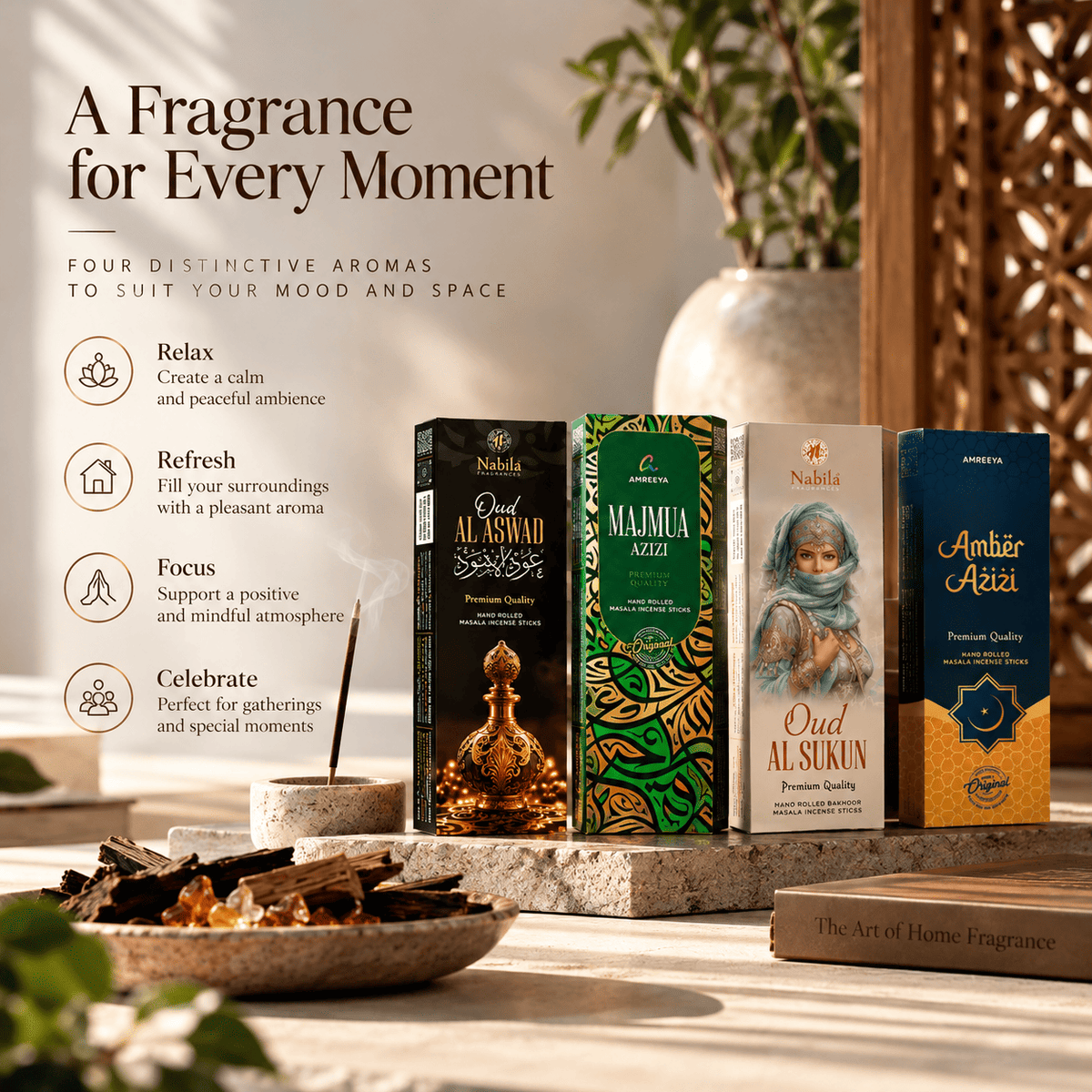 AMREEYA Zaria Fragrance Collection – Premium Masala Incense Sticks Combo Pack of 4