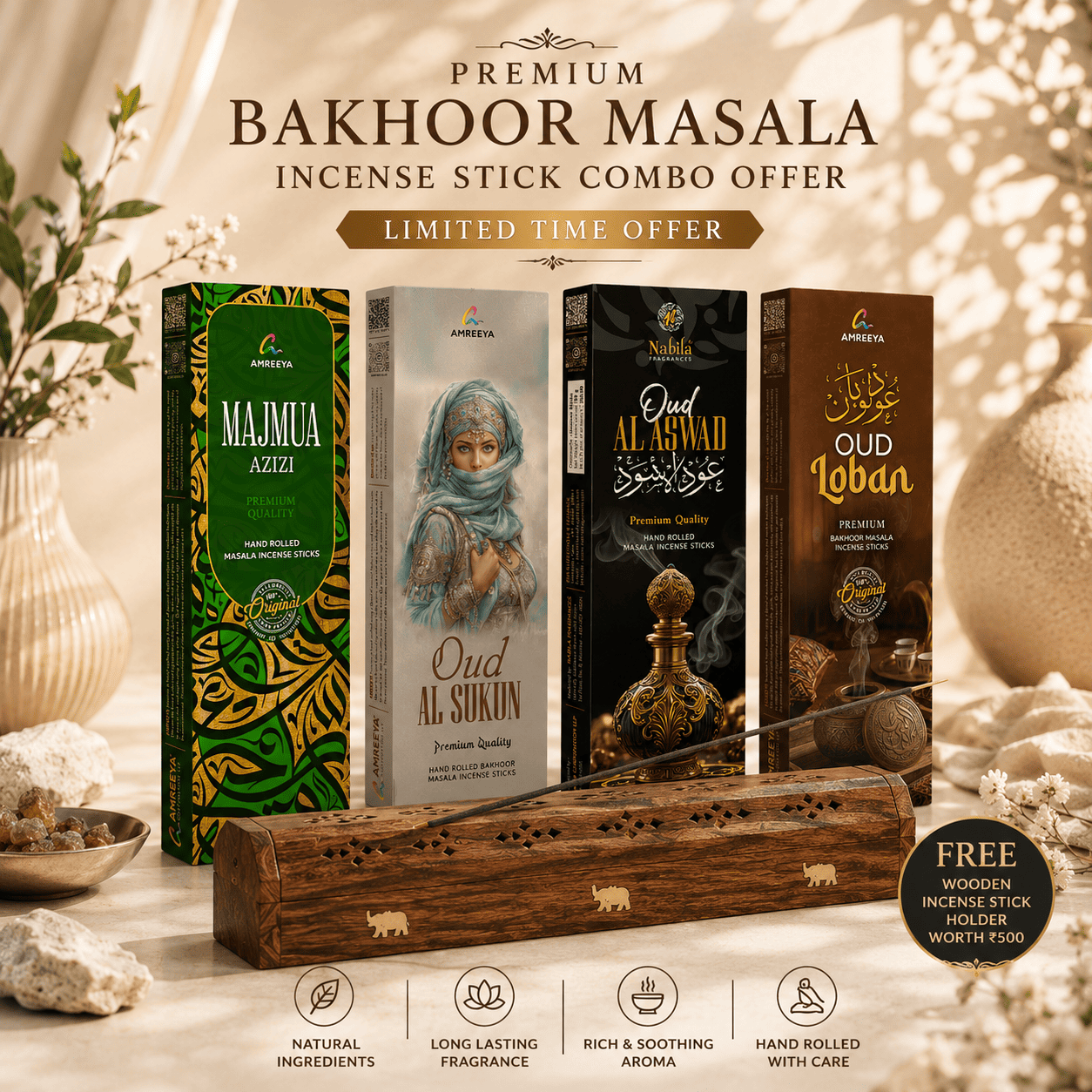 Premium Bakhoor Masala Incense Stick Combo Pack of 4 with Free Wooden Incense Holder - 50 Grm / Each (45+ Min Burning Time / Stick)