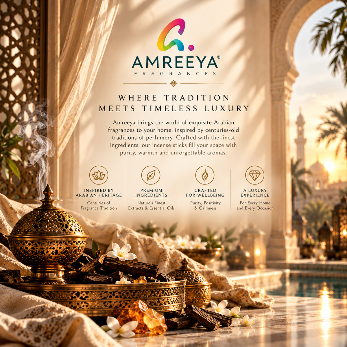 Amreeya Arabian Heritage Combo Pack of 4 – Premium Hand Rolled Masala Incense Sticks | Oud Al Aswad, Signature, Oud Al Sukun & Amber Azizi - 50 Grm Each Box