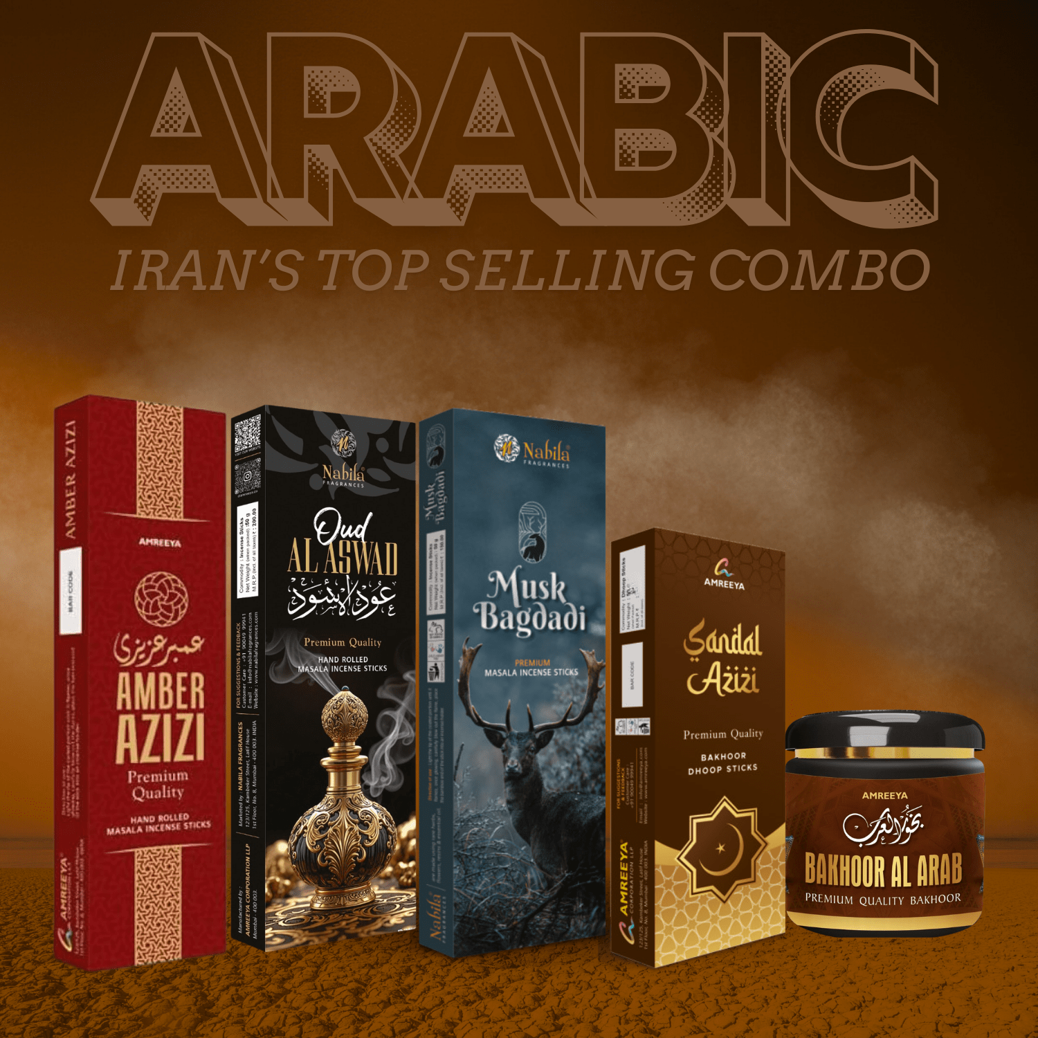 Amreeya Arabic Iran’s Top Selling Combo – Premium Perfumes, Bakhoor & Masala Incense | Pack of 5