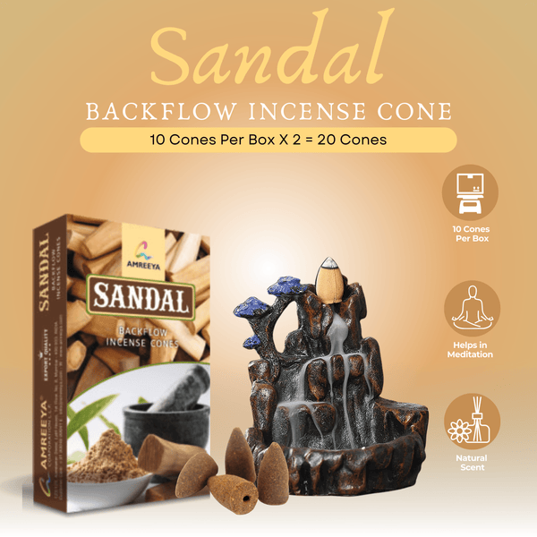 Amreeya Sandal Bliss Backflow Incense Cones  - 10 Cone/ Box - Pack of 2