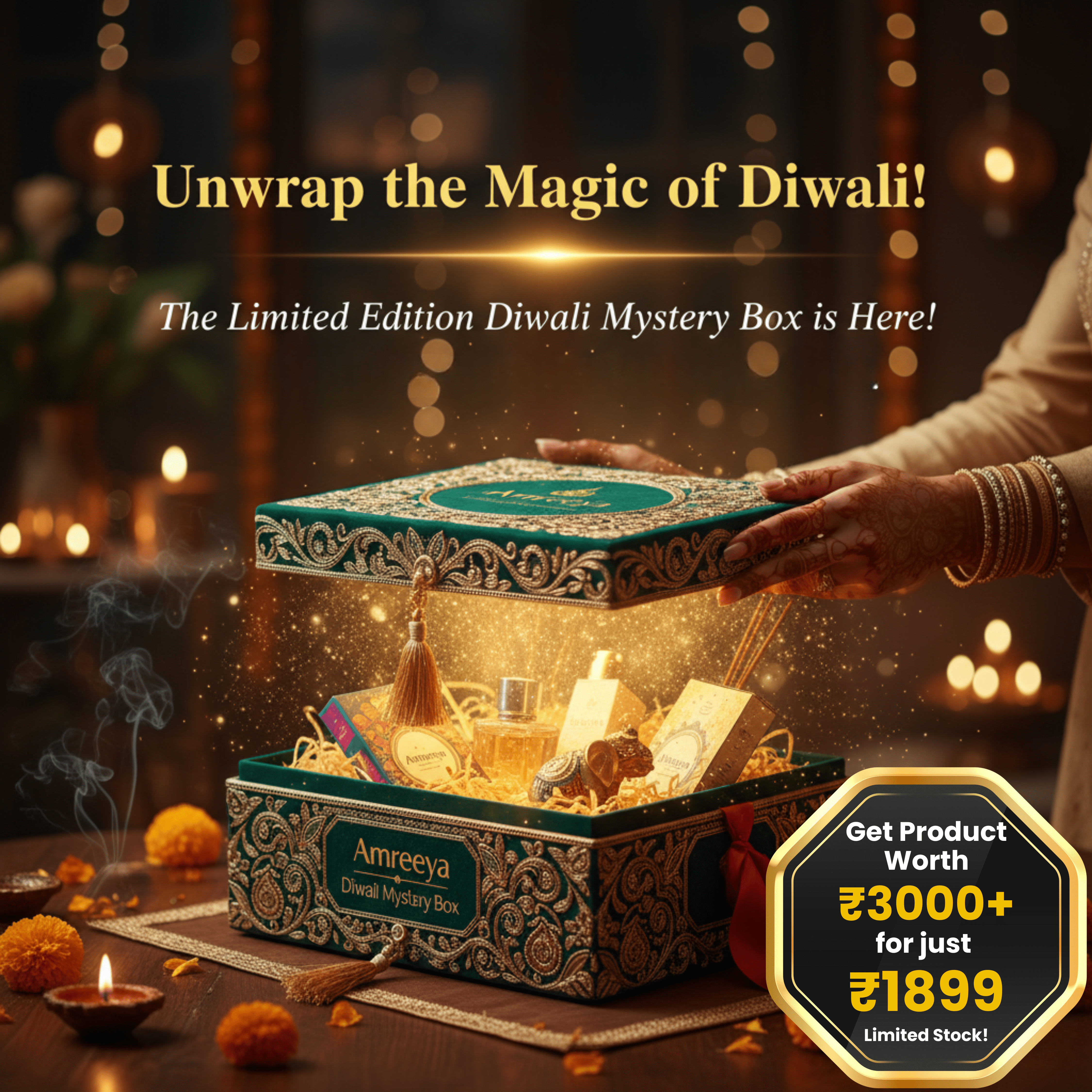 Amreeya Luxury Diwali Mystery Box | Premium Fragrance & Gifting Hamper | Worth ₹3000+ for Just ₹1899 | Limited Edition