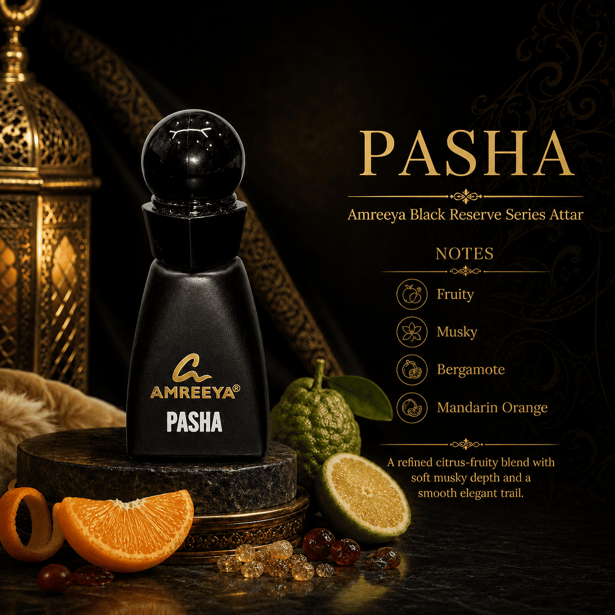 PASHA Amreeya Black Reserve Series Attar 12ml – Premium Luxury Attar | Best Attar in India | Long Lasting Citrus Musky Attar