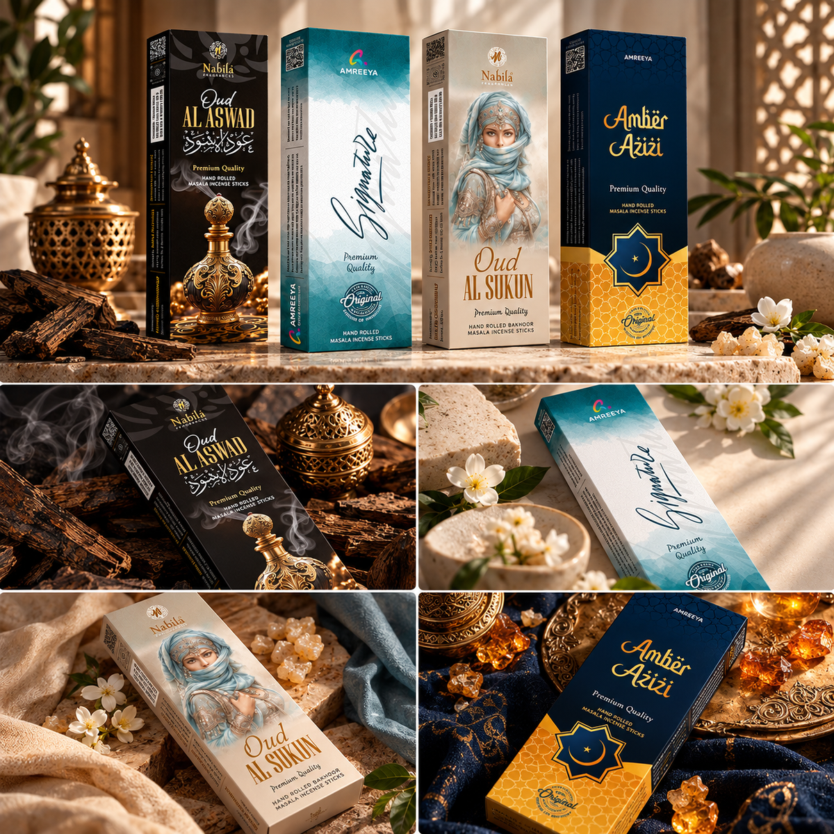 Amreeya Arabian Heritage Combo Pack of 4 – Premium Hand Rolled Masala Incense Sticks | Oud Al Aswad, Signature, Oud Al Sukun & Amber Azizi - 50 Grm Each Box