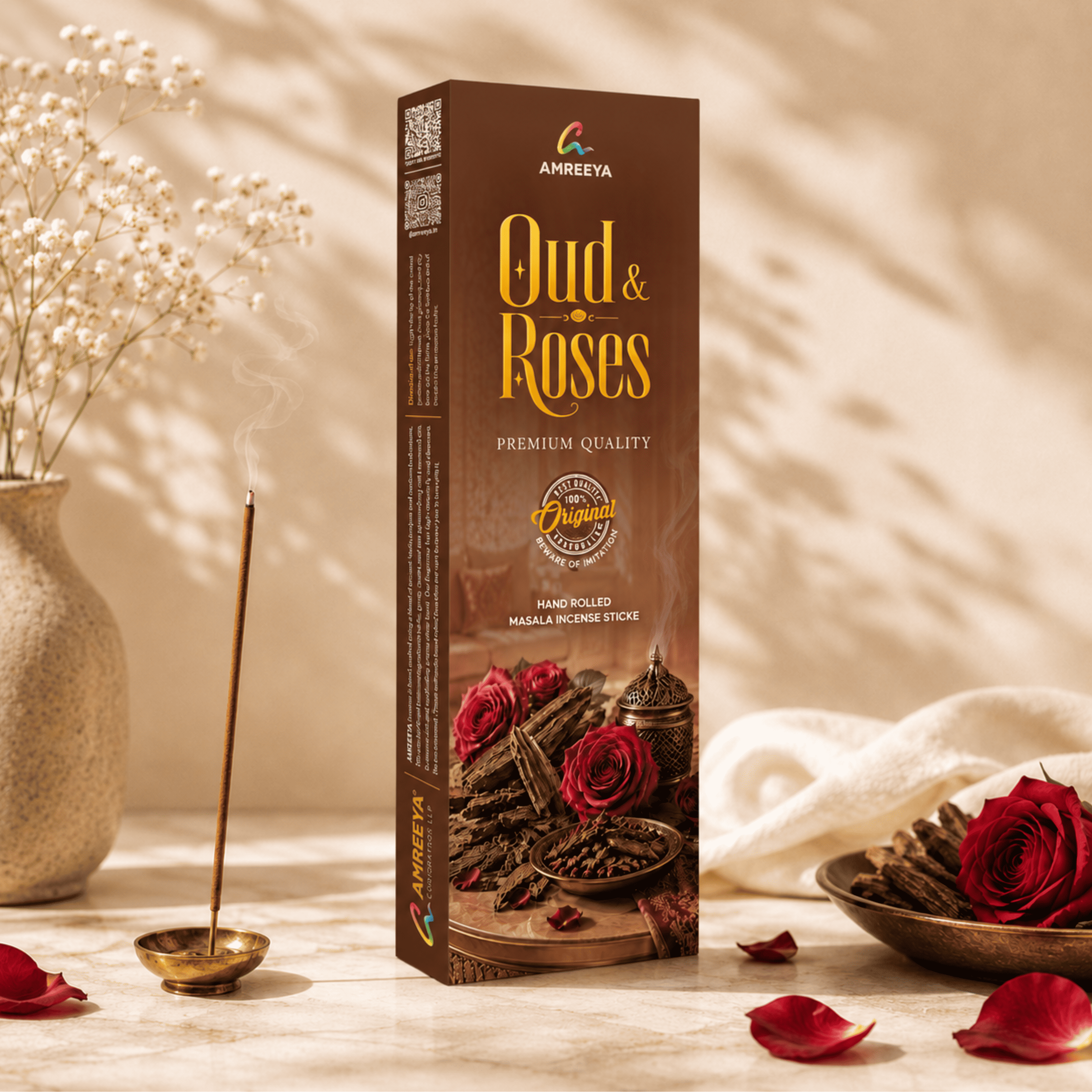 AMREEYA Oud & Roses Premium Hand Rolled Masala Incense Sticks | Long-Lasting Oud & Rose Agarbatti for Prayer - 50 Gram
