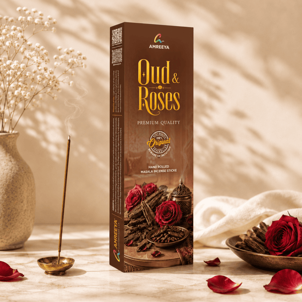 AMREEYA Oud & Roses Premium Hand Rolled Masala Incense Sticks | Long-Lasting Oud & Rose Agarbatti for Prayer - 50 Gram