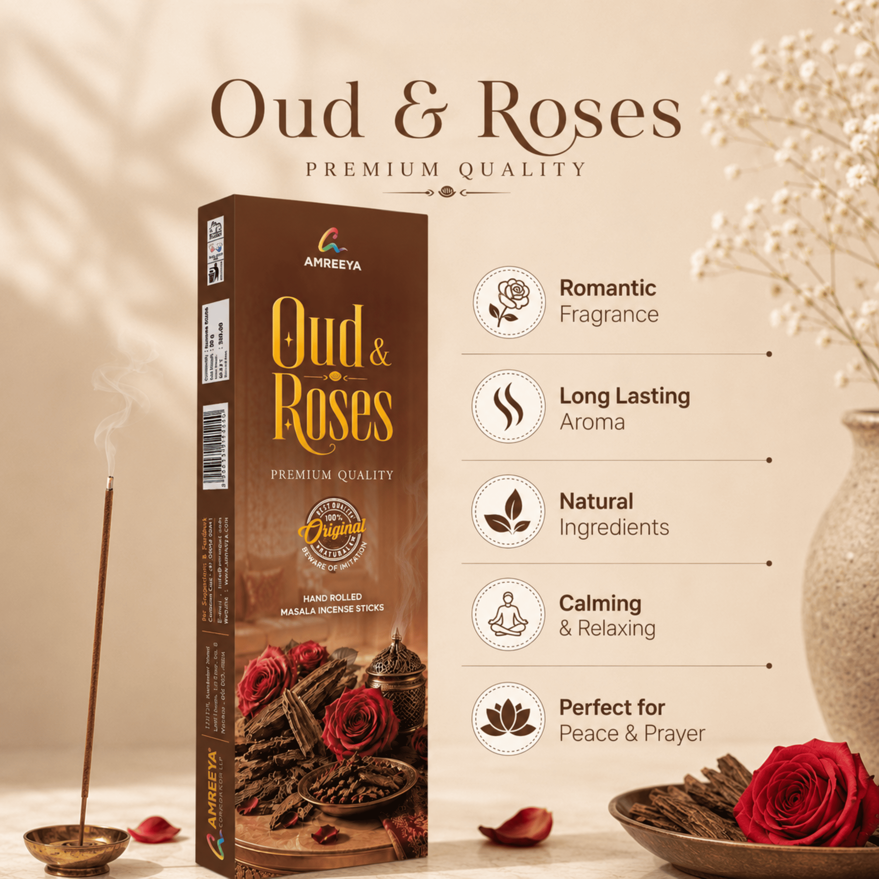 AMREEYA Oud & Roses Premium Hand Rolled Masala Incense Sticks | Long-Lasting Oud & Rose Agarbatti for Prayer - 50 Gram