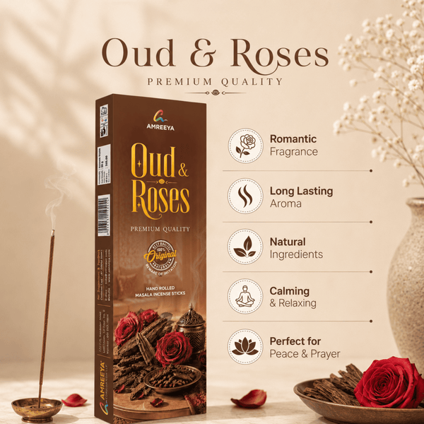 AMREEYA Oud & Roses Premium Hand Rolled Masala Incense Sticks | Long-Lasting Oud & Rose Agarbatti for Prayer - 50 Gram