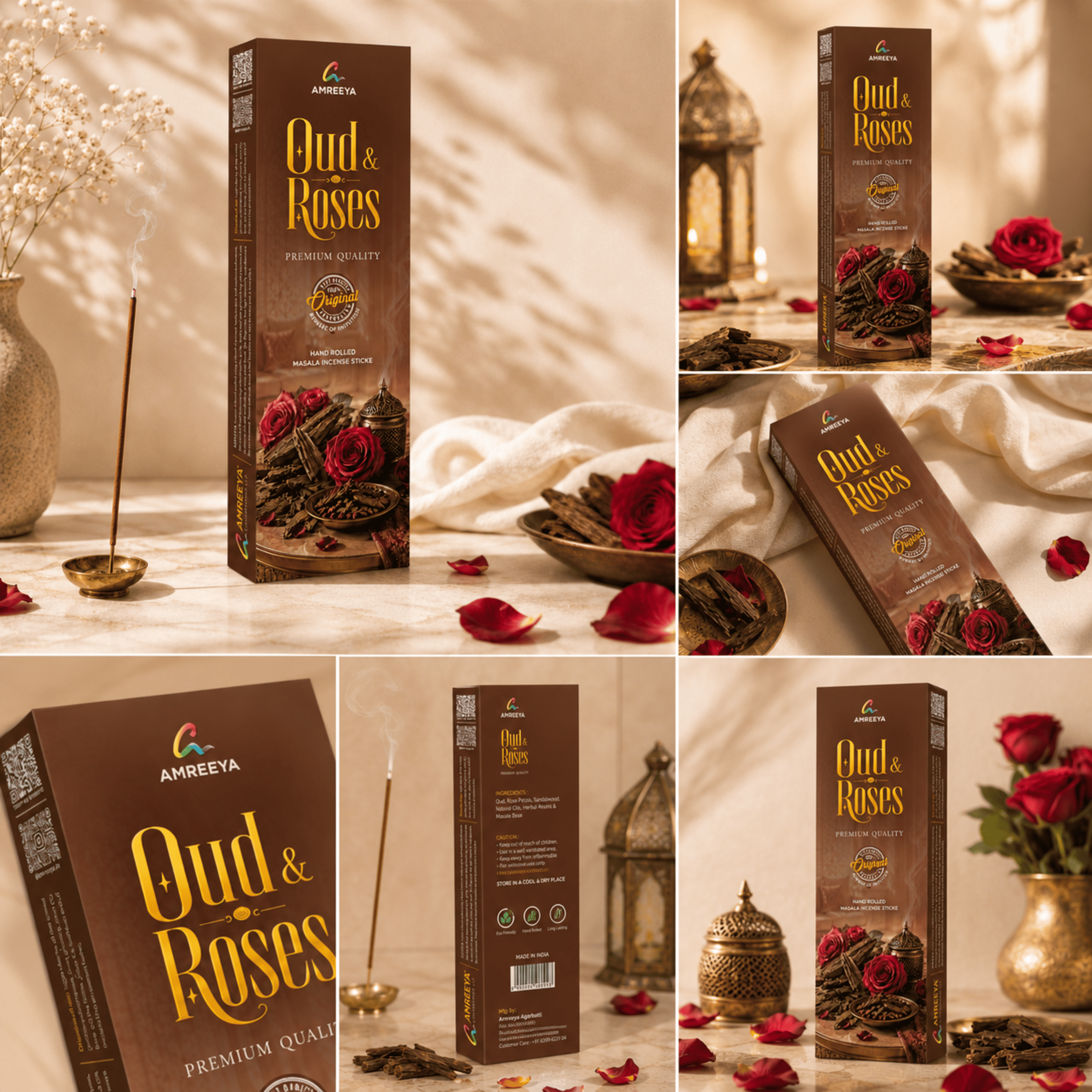 AMREEYA Oud & Roses Premium Hand Rolled Masala Incense Sticks | Long-Lasting Oud & Rose Agarbatti for Prayer - 50 Gram