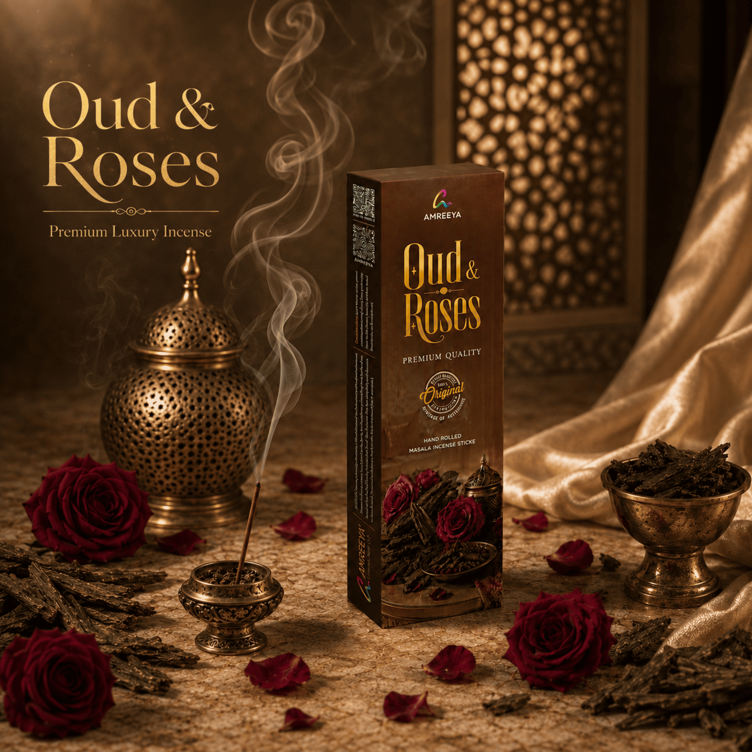 AMREEYA Oud & Roses Premium Hand Rolled Masala Incense Sticks | Long-Lasting Oud & Rose Agarbatti for Prayer - 50 Gram