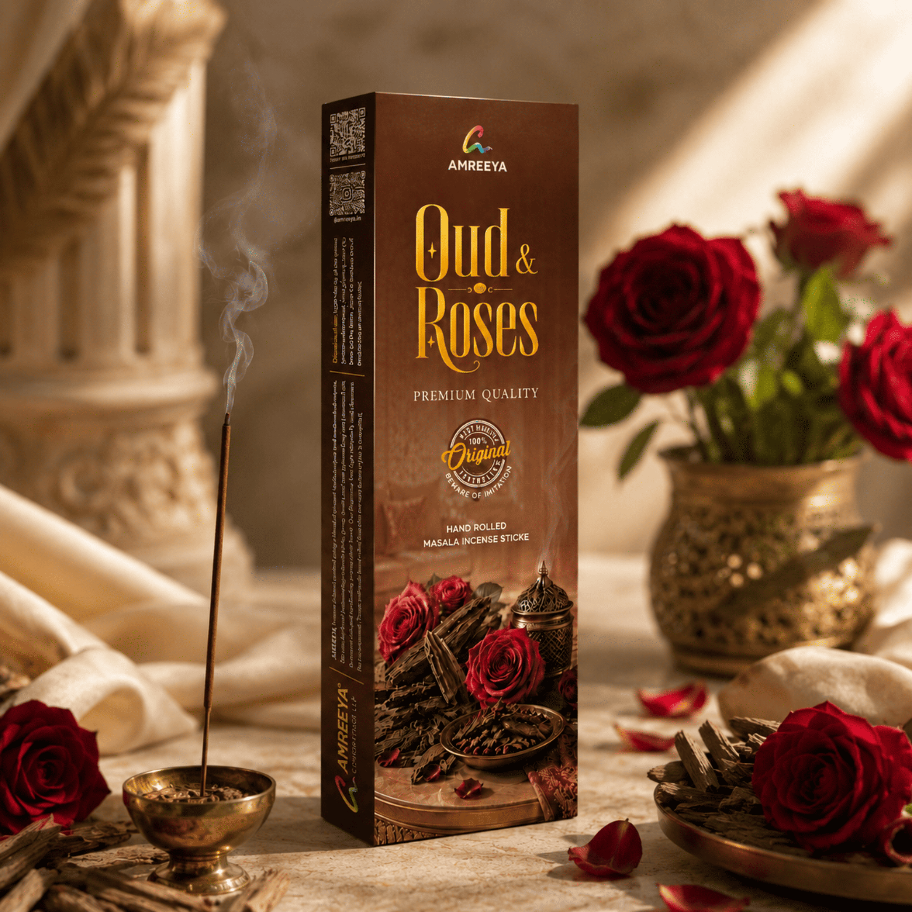 AMREEYA Oud & Roses Premium Hand Rolled Masala Incense Sticks | Long-Lasting Oud & Rose Agarbatti for Prayer - 50 Gram
