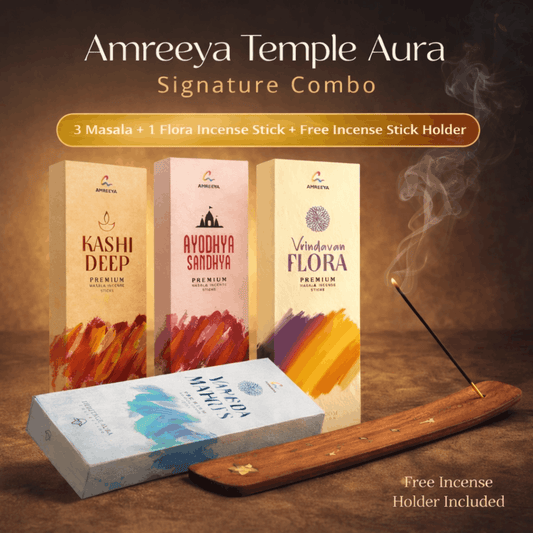 AMREEYA Temple Aura Signature Masala Incense Sticks Premium Spiritual Combo - 50 Grm/Pack - Pack of 4 + free stand