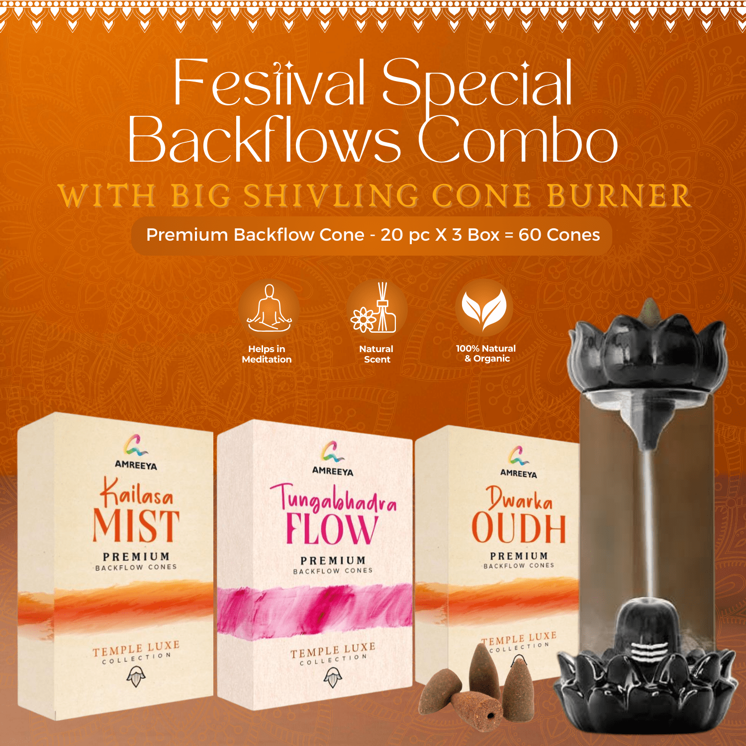 Amreeya Festival Special Backflows Combo – Premium Backflow Cones (60 pcs) + Big Shivling Burner | Pack of 4