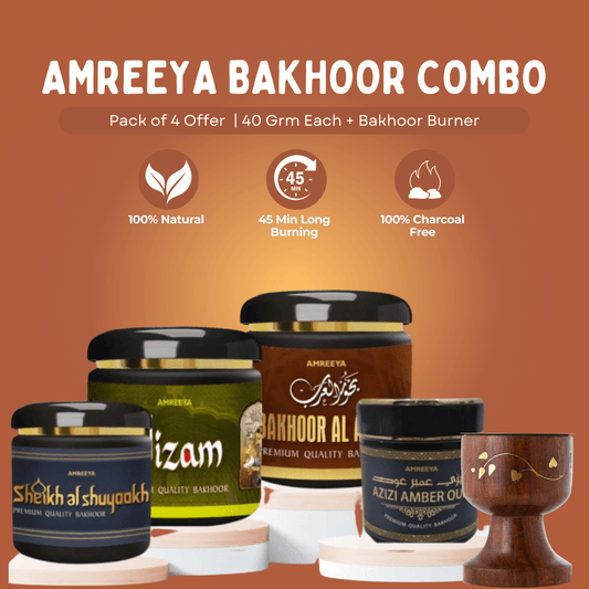 Amreeya Bakhoor Combo of 4 + Wooden Bakhoor Burner - Pack Of 5. Product Code ACL/BKH/008