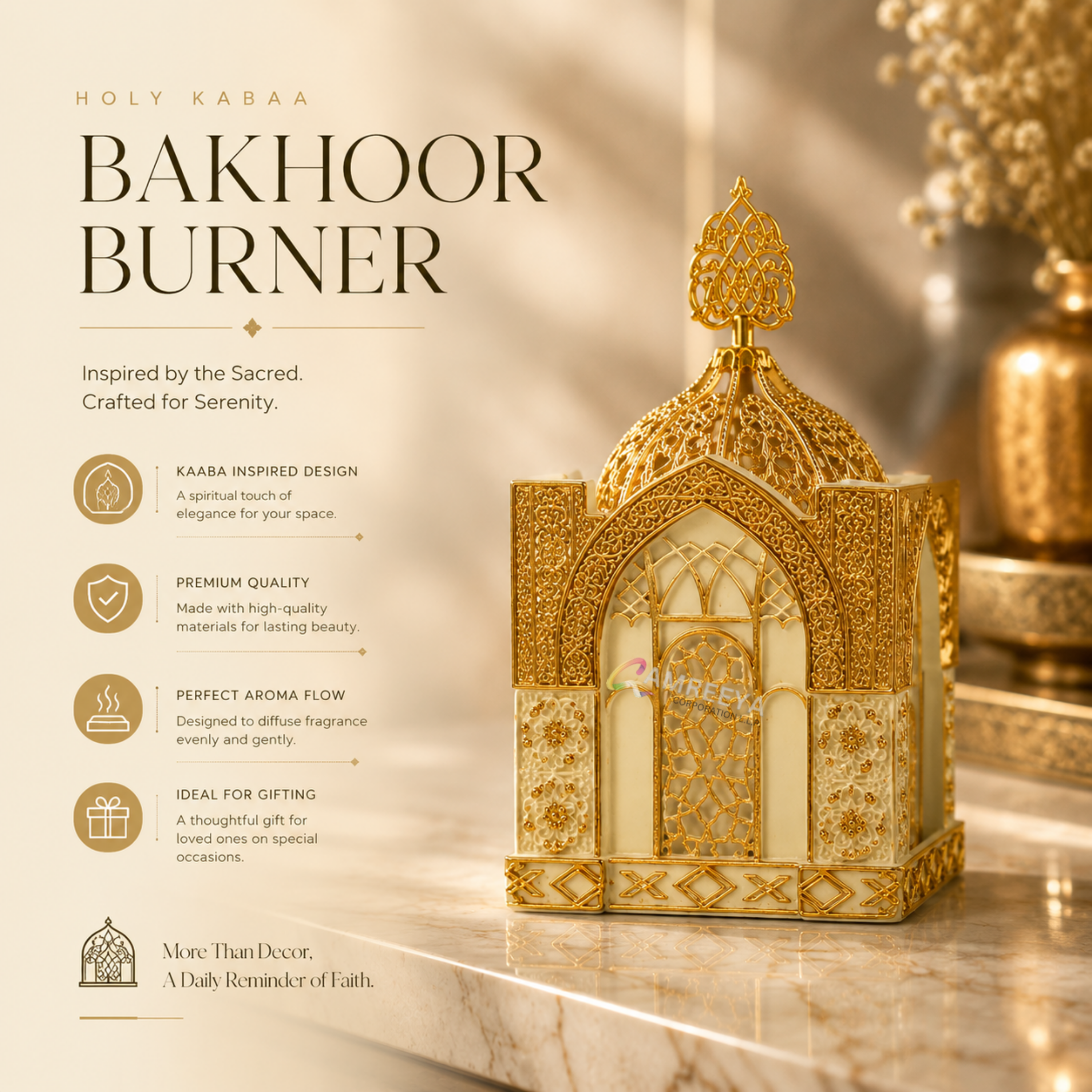 Imported Holy Kaaba Ivory Bakhoor Burner – Premium White & Gold Arabic Incense Burner | Luxury Oud Burner for Home Décor & Gifting