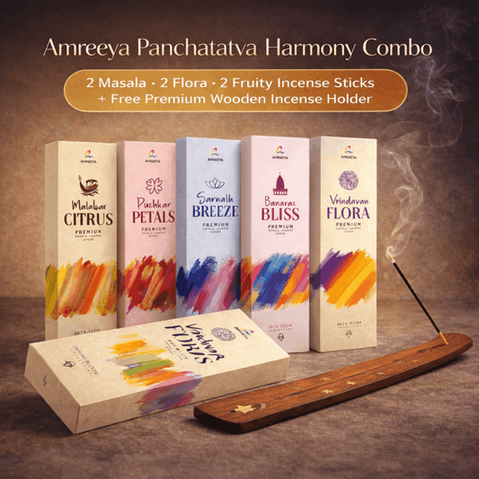 AMREEYA Panchatatva Harmony Premium Masala Flora Fruity Incense Combo - 50 Grm/Pack - Pack of 6 + free stand