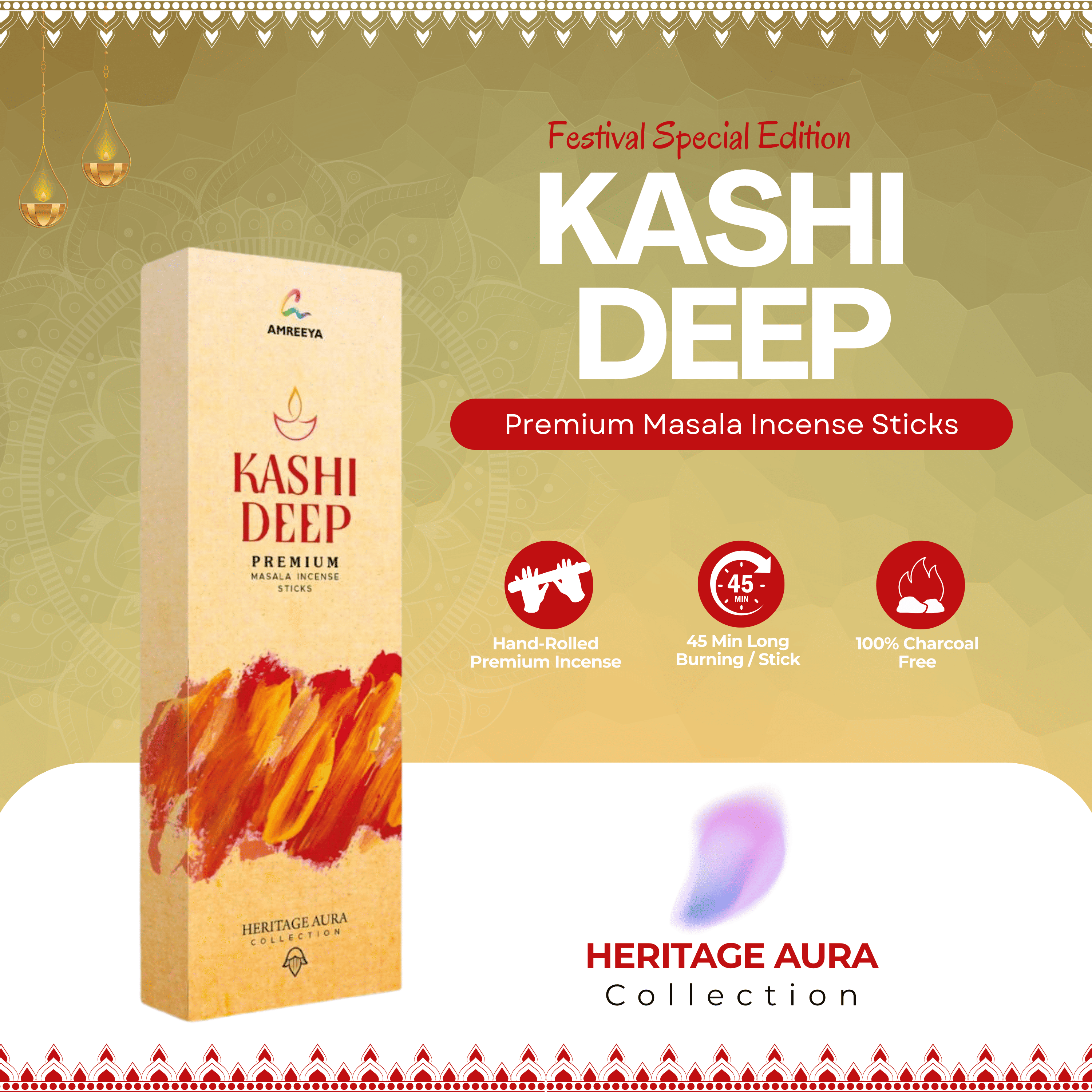 Amreeya Heritage Aura Collection -Kashi Deep Premium Masala Incense Sticks  – Pack of 2