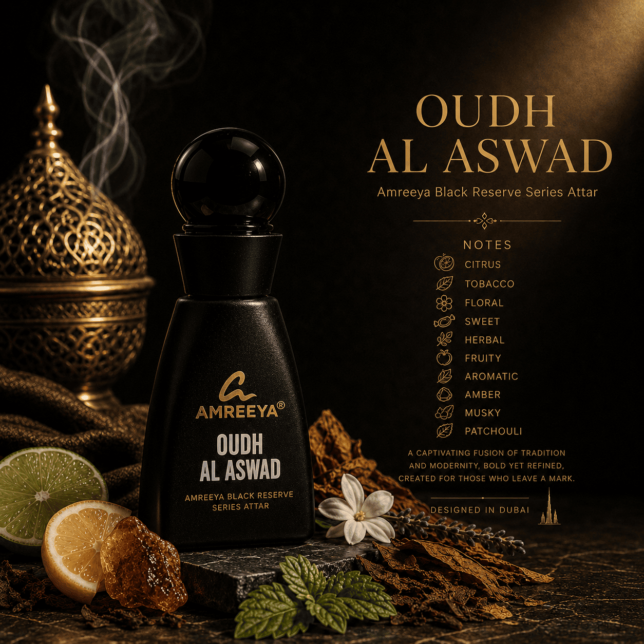 OUDH AL ASWAD Amreeya Black Reserve Series Attar 12ml – Premium Oud Attar | Best Attar in India | Luxury Arabic Attar
