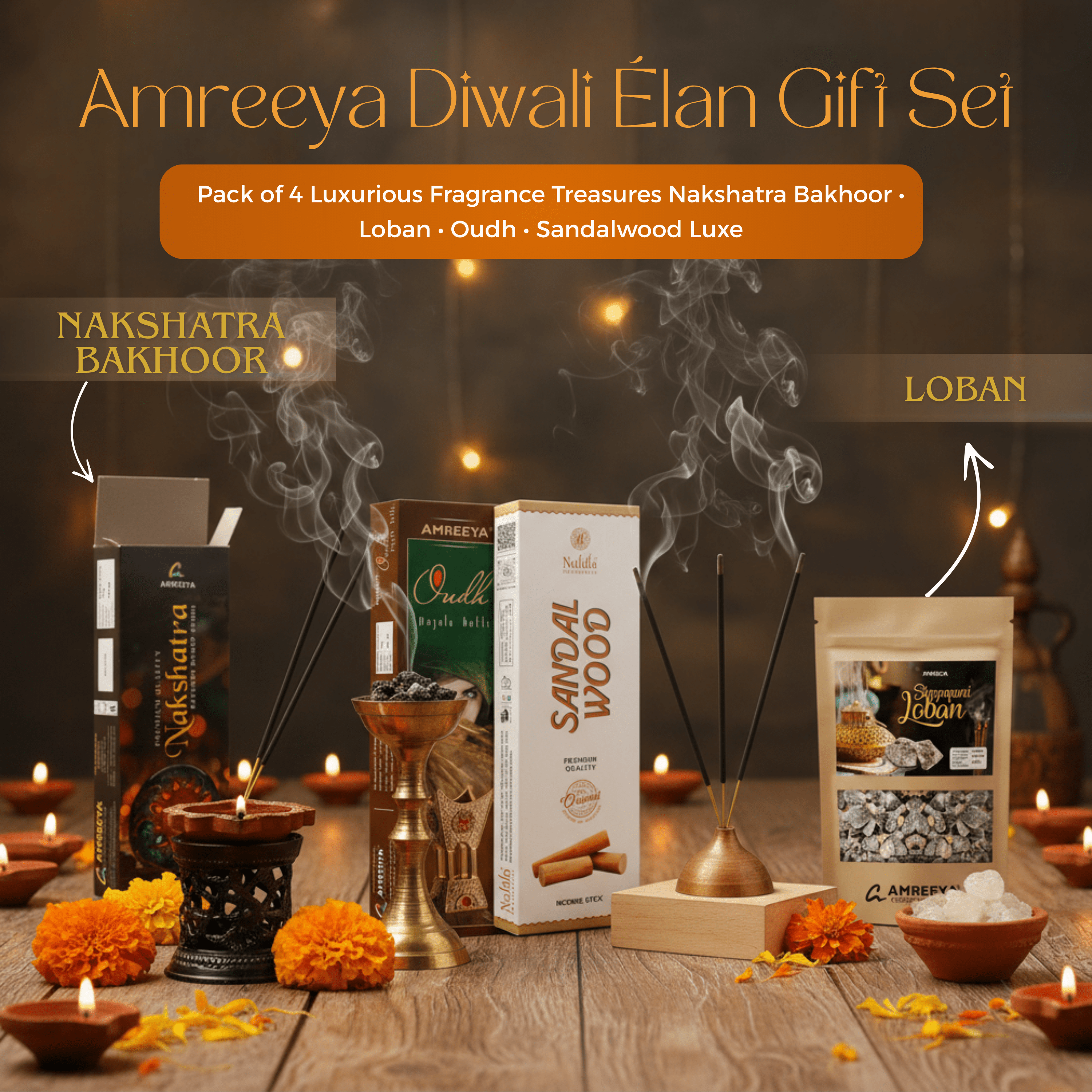 Amreeya Diwali Elan Gift Set Pack of 4 | Premium Bakhoor, Loban, Oudh, and Sandalwood Incense Sticks for Festive Rituals