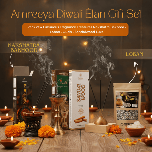 Amreeya Diwali Elan Gift Set Pack of 4 | Premium Bakhoor, Loban, Oudh, and Sandalwood Incense Sticks for Festive Rituals