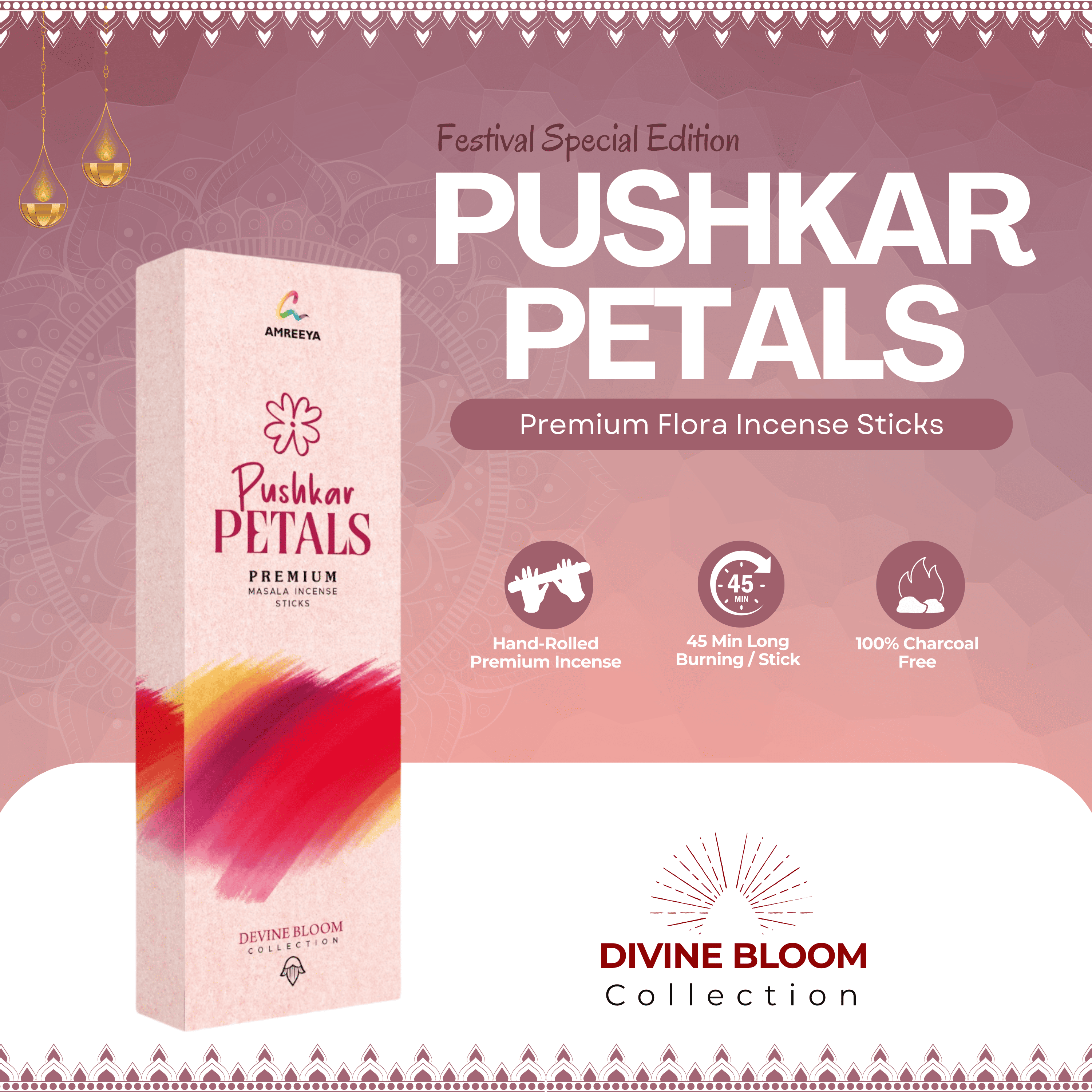 Amreeya Divine Bloom Collection – Pushkar Petals Fine Flora Incense Sticks – Pack of 2