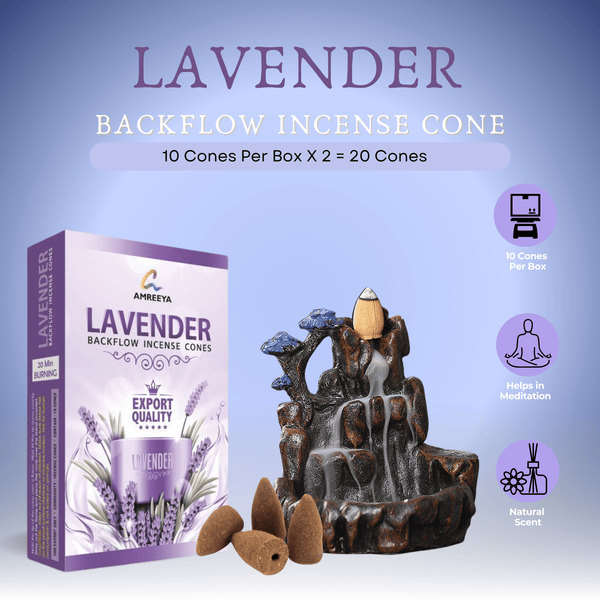 Amreeya Lavender Premium Backflow Cone - 10 Cone/ Box - Pack of 2