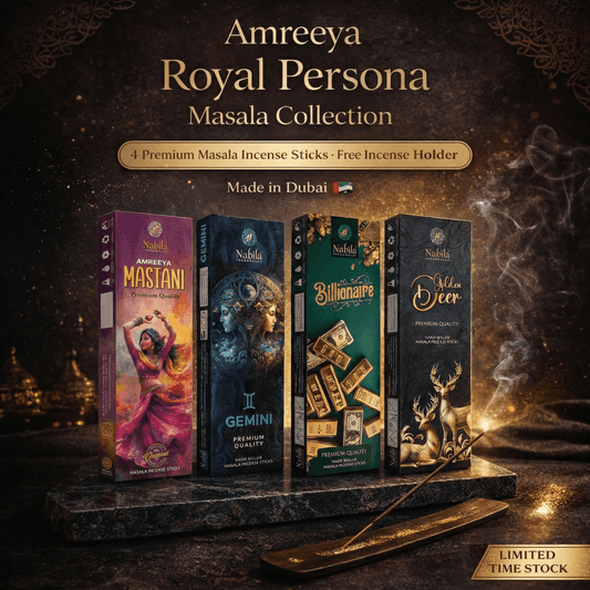 AMREEYA Royal Persona Masala Incense Sticks Premium Hand Rolled Luxury Fragrance Combo - 50 Grm/Pack - Pack of 4 + free stand
