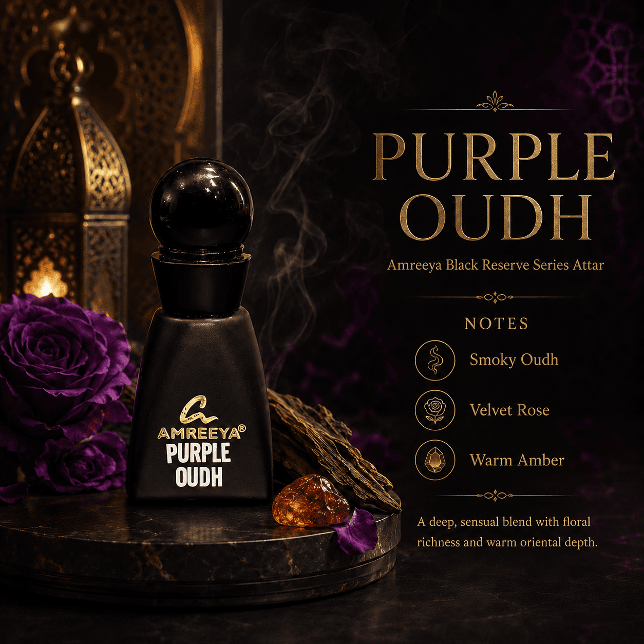 PURPLE OUDH Amreeya Black Reserve Series Attar 12ml – Premium Oud Attar | Best Attar in India | Luxury Arabic Attar