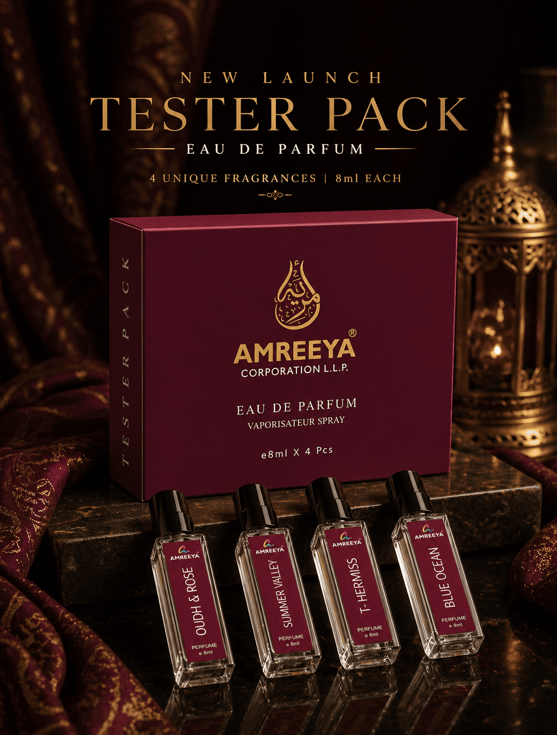 Amreeya Dubai Made Perfume Tester Pack –  Luxury Eau De Parfum Set for Men & Women Long Lasting Fragrance - 4x8ml