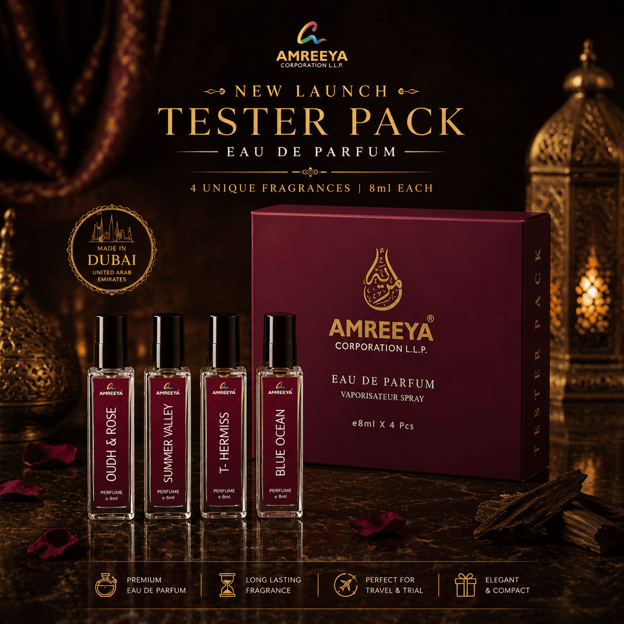 Amreeya Dubai Made Perfume Tester Pack –  Luxury Eau De Parfum Set for Men & Women Long Lasting Fragrance - 4x8ml