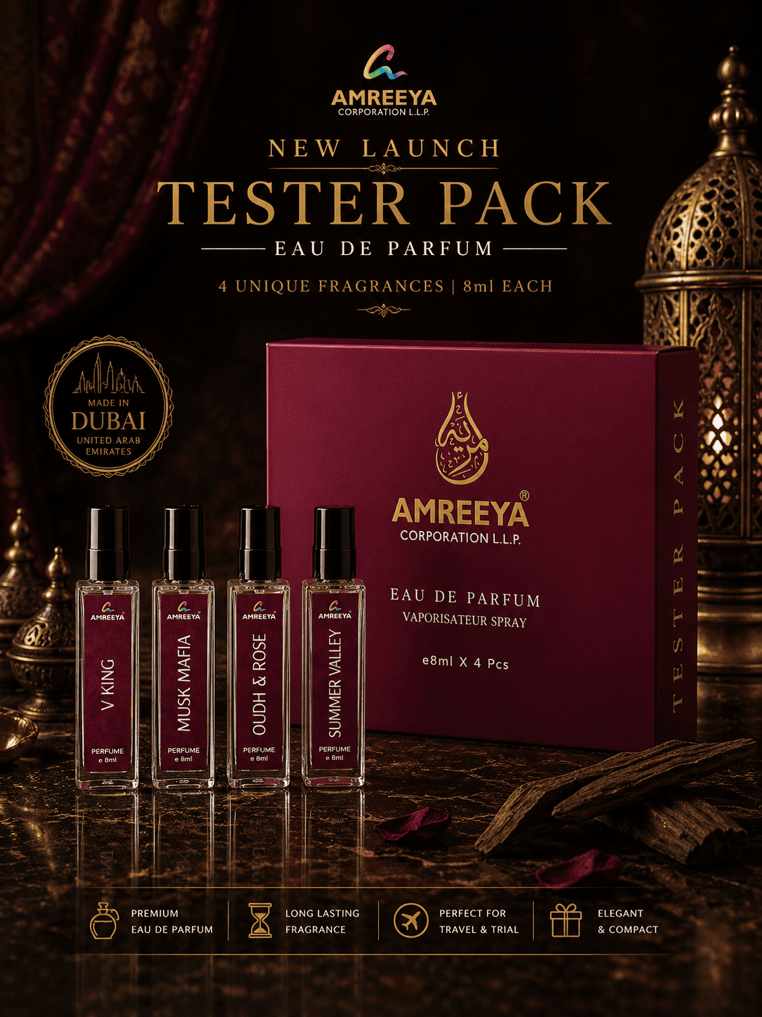 AMREEYA Dubai Made Eau De Parfum Tester Pack – 4 Premium Fragrances | 8ml Each Luxury Perfume Set