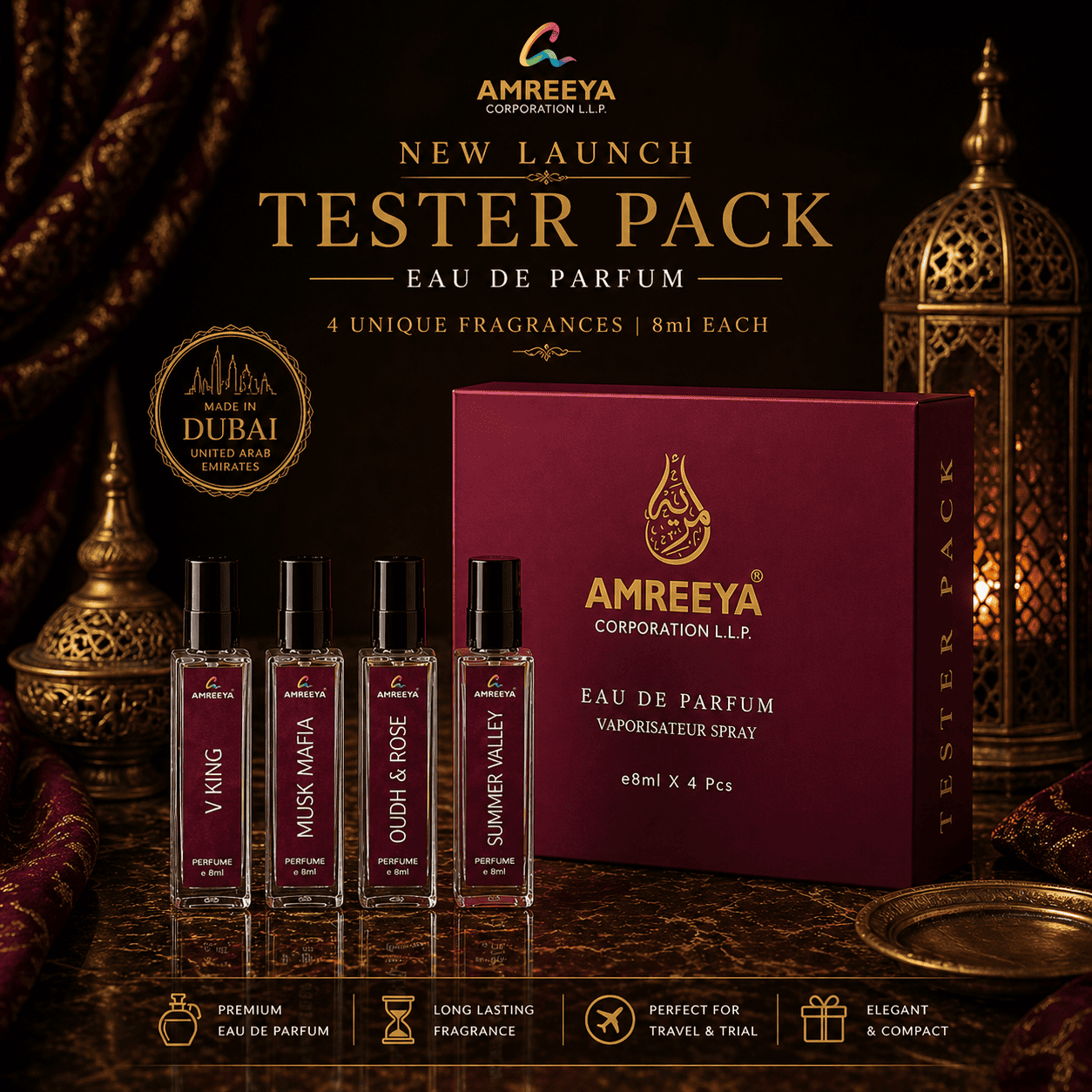 AMREEYA Dubai Made Eau De Parfum Tester Pack – 4 Premium Fragrances | 8ml Each Luxury Perfume Set