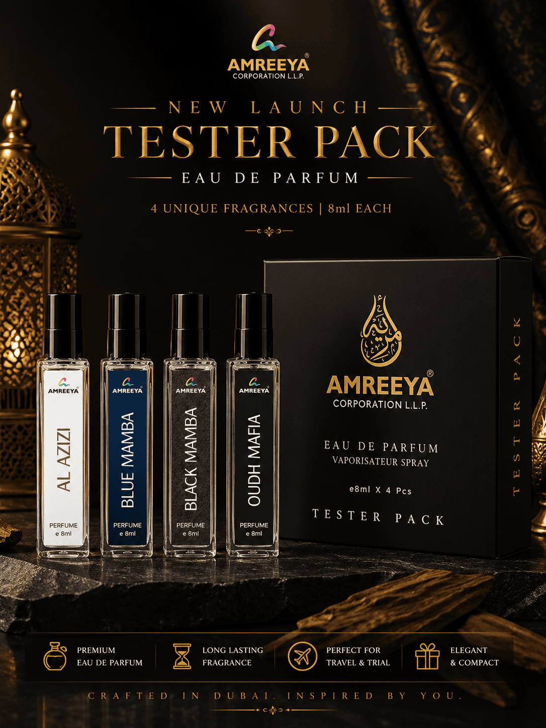 AMREEYA Dubai Made Eau De Parfum Tester Pack – 4 Premium Fragrances | 8ml Each Luxury Perfume Set