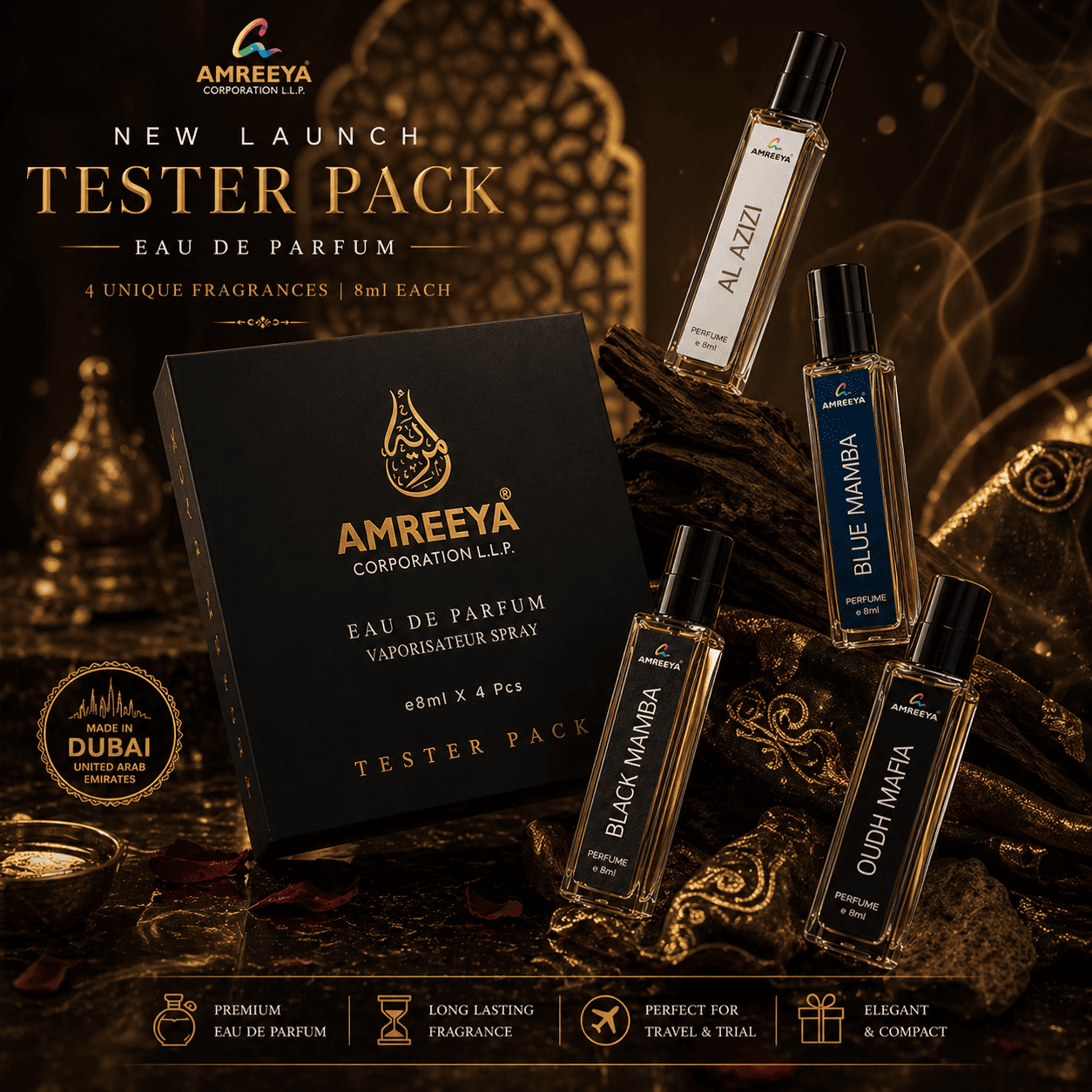 AMREEYA Dubai Made Eau De Parfum Tester Pack – 4 Premium Fragrances | 8ml Each Luxury Perfume Set
