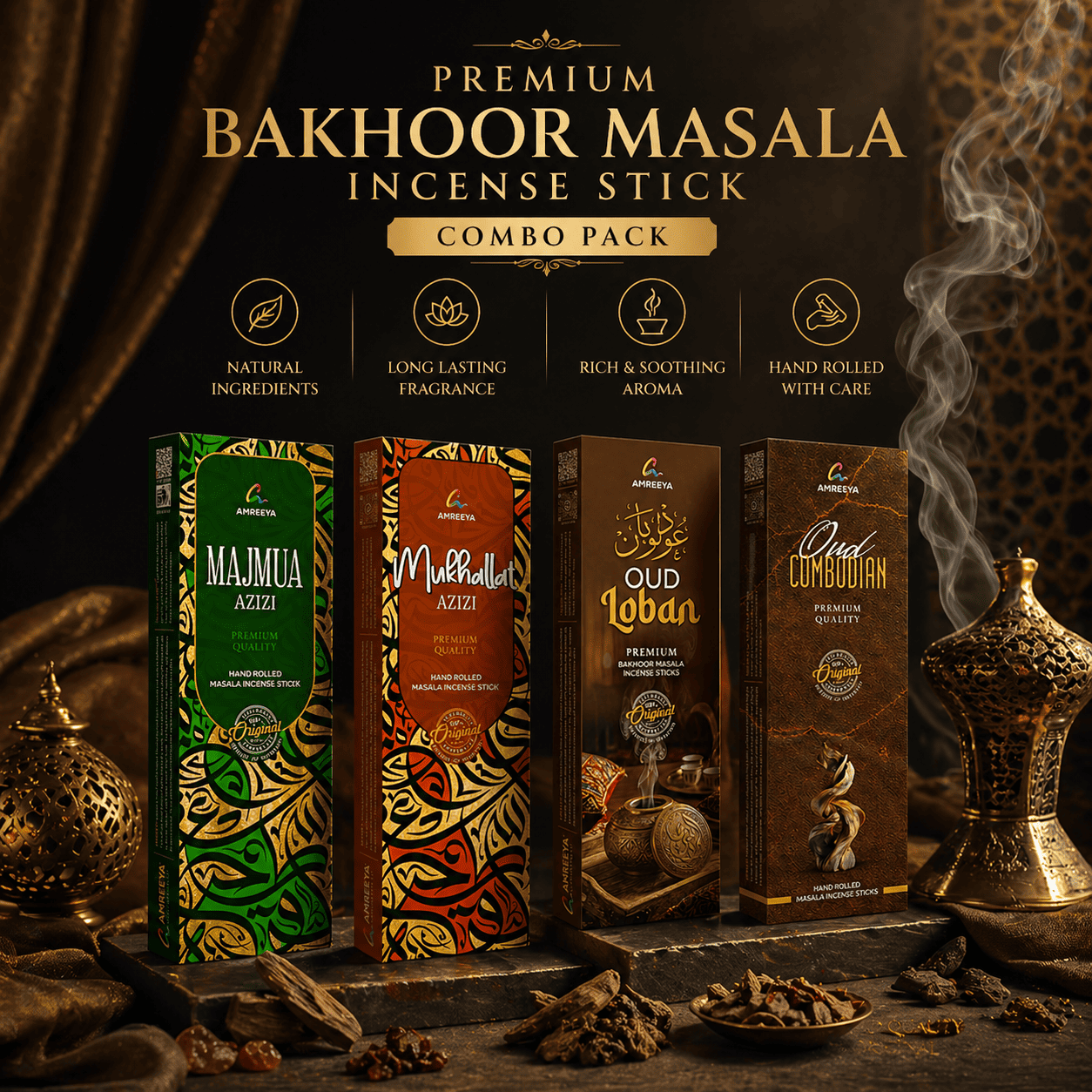 Amreeya Premium Bakhoor Masala Incense Sticks Combo Pack – Long Lasting Natural Charcoal Free Agarbatti (Pack of 4)