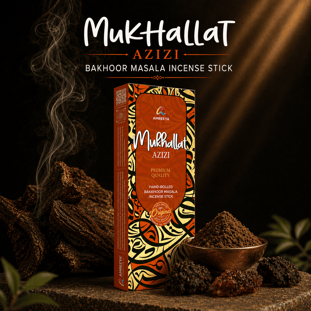 Mukhallat Azizi Bakhoor Masala Incense Sticks – Premium Hand Rolled Natural Charcoal Free Agarbatti - 50Grm