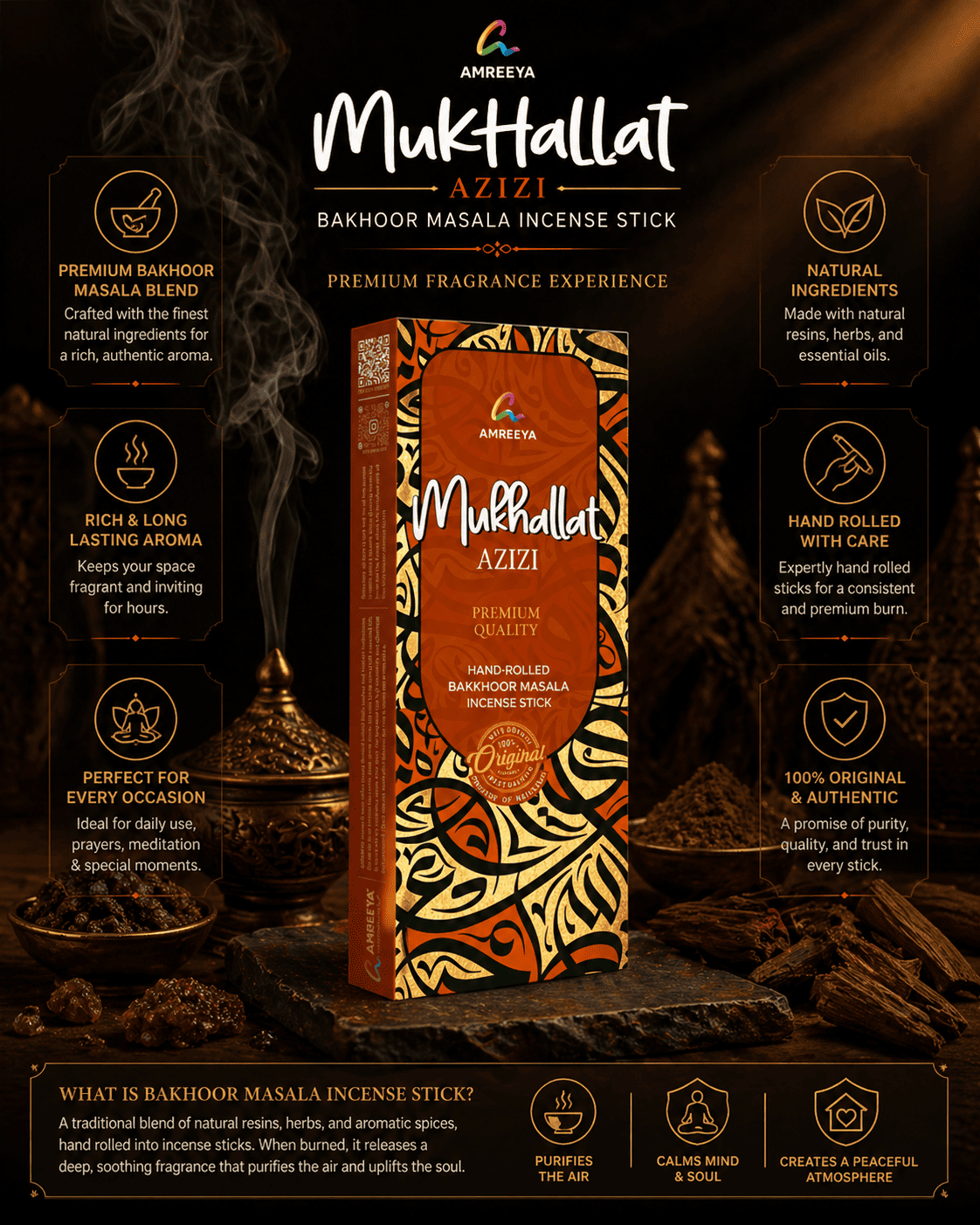 Mukhallat Azizi Bakhoor Masala Incense Sticks – Premium Hand Rolled Natural Charcoal Free Agarbatti - 50Grm