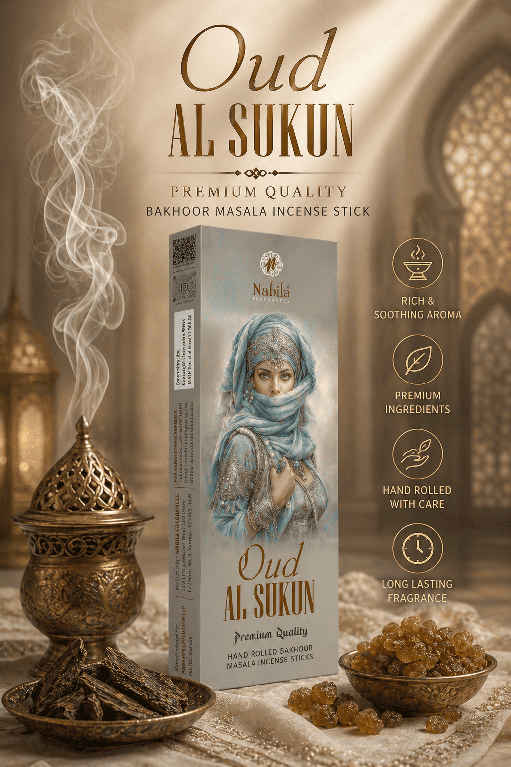 Oud Al Sukun Bakhoor Masala Incense Sticks – Premium Hand Rolled Natural Charcoal Free Agarbatti - 50Grm