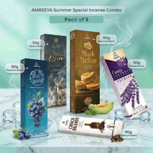 AMREEYA Summer Special Incense Stick Combo (90g x 3 + 50g x 2) – Fresh & Fruity Masala Agarbatti Set | Best Incense Sticks for Summer Season - Pack of 5