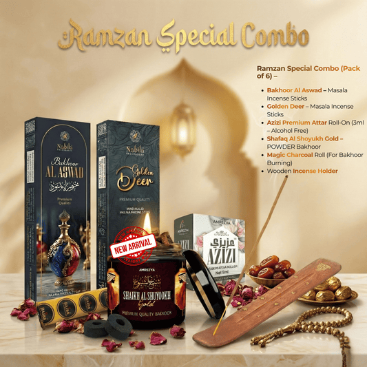 Amreeya Ramadan Mubarak Luxury Combo – Premium Powder Bakhoor, Oud Incense, Charcoal & Attar Set – Festive Limited Edition