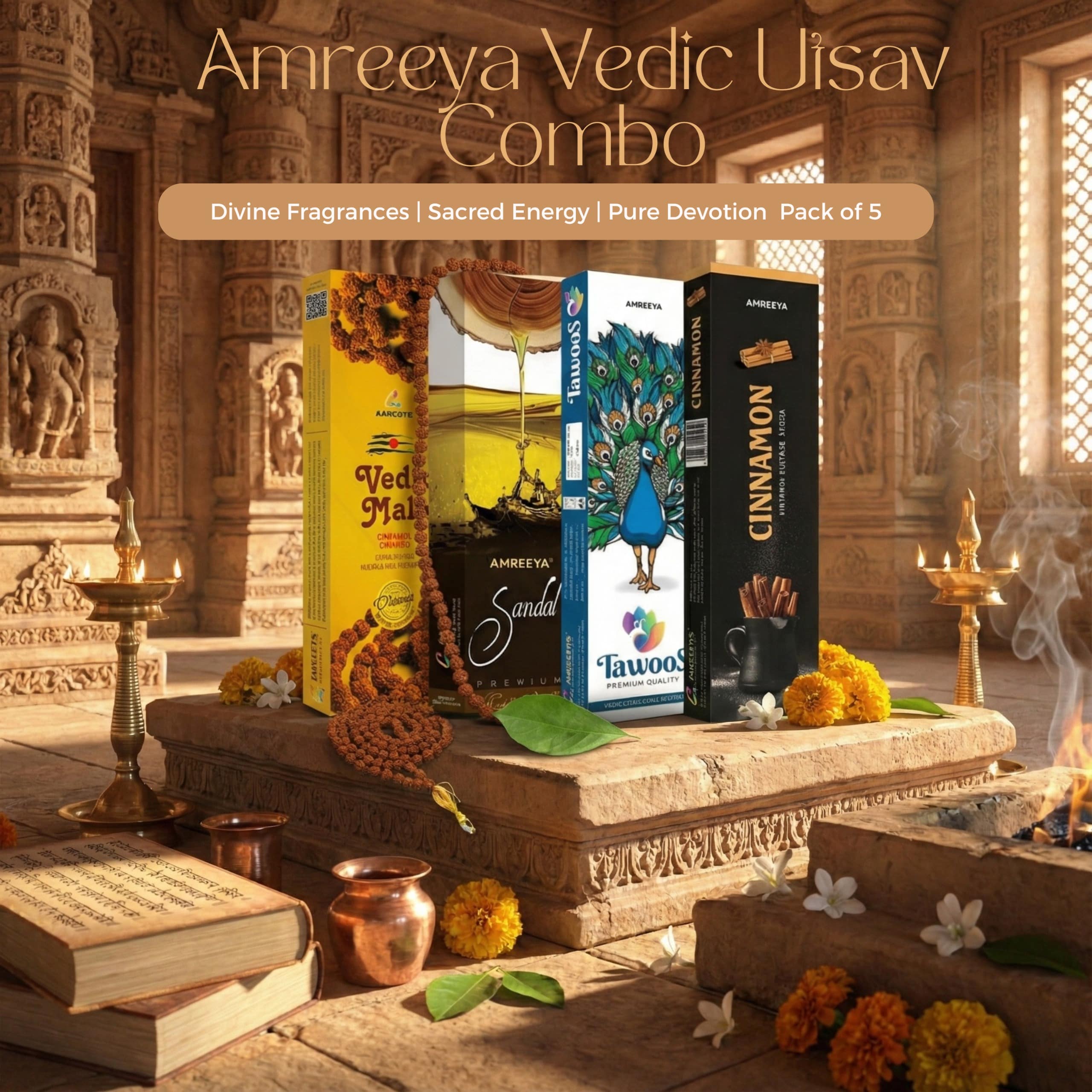 Amreeya Vedic Utsav Combo Pack of 5 | Premium Masala Incense Sticks and Rudraksha Mala for Puja and Meditation