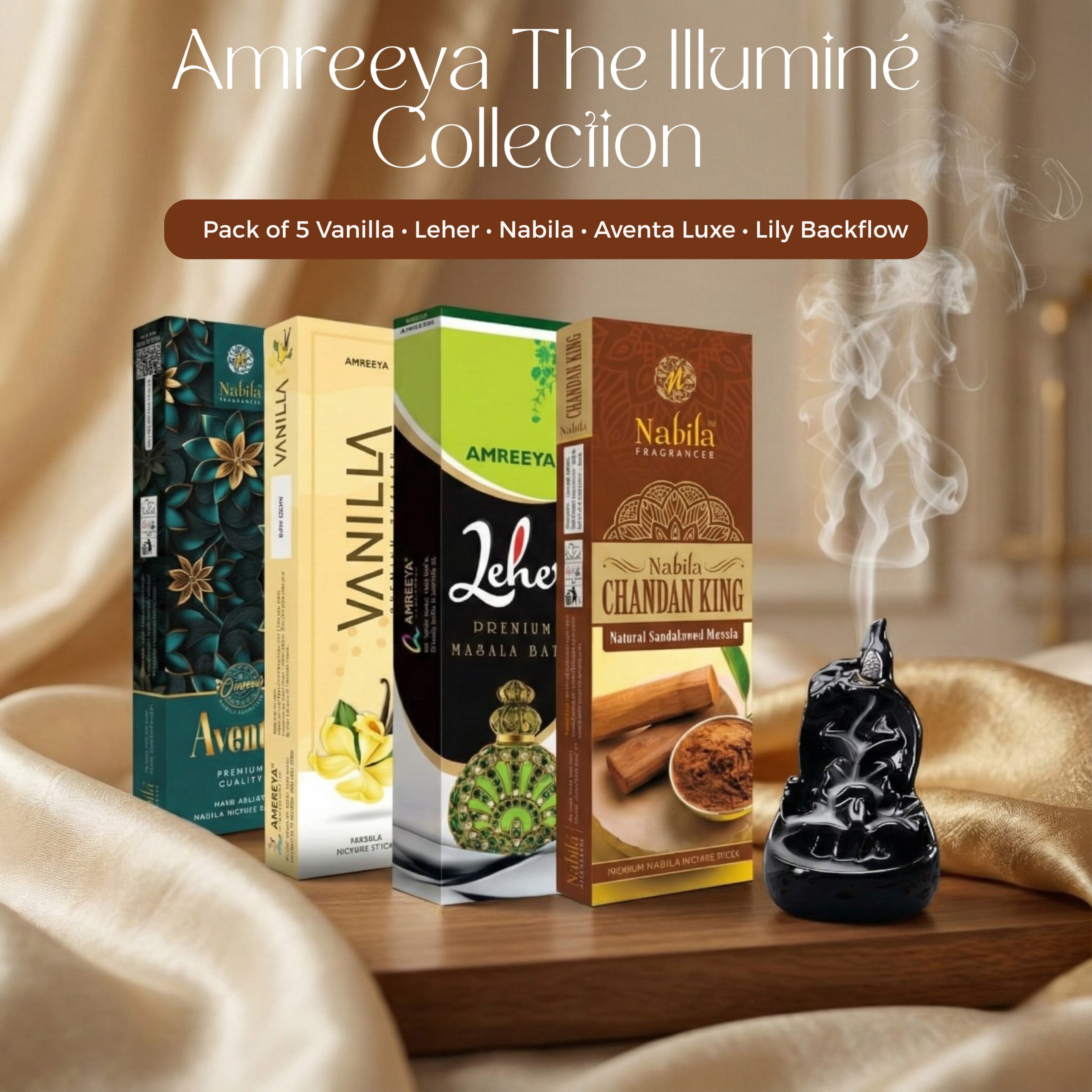 Amreeya The Illuminé Collection Pack of 5 | Luxury Hand-Rolled Masala Incense Sticks and Backflow Cone Holder for Diwali