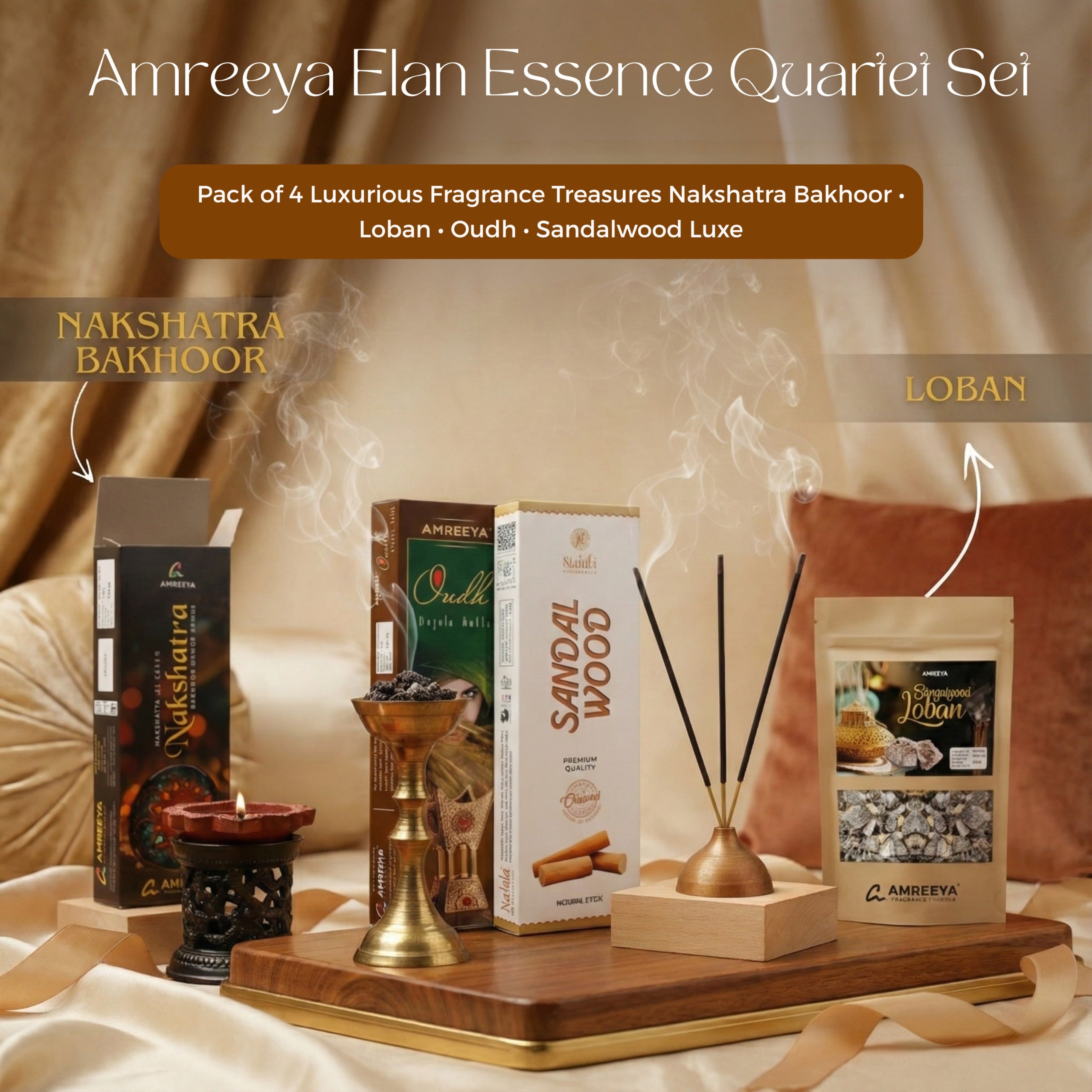 Amreeya Elan Gift Set Pack of 4 | Premium Bakhoor, Loban, Oudh, and Sandalwood Incense Sticks for Festive Rituals