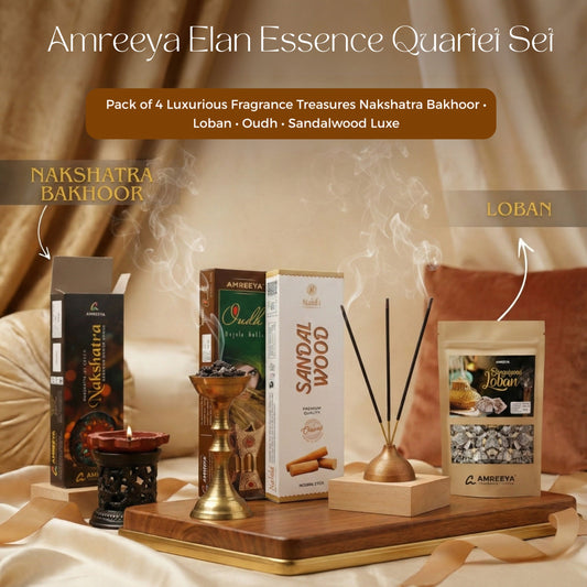 Amreeya Elan Gift Set Pack of 4 | Premium Bakhoor, Loban, Oudh, and Sandalwood Incense Sticks for Festive Rituals