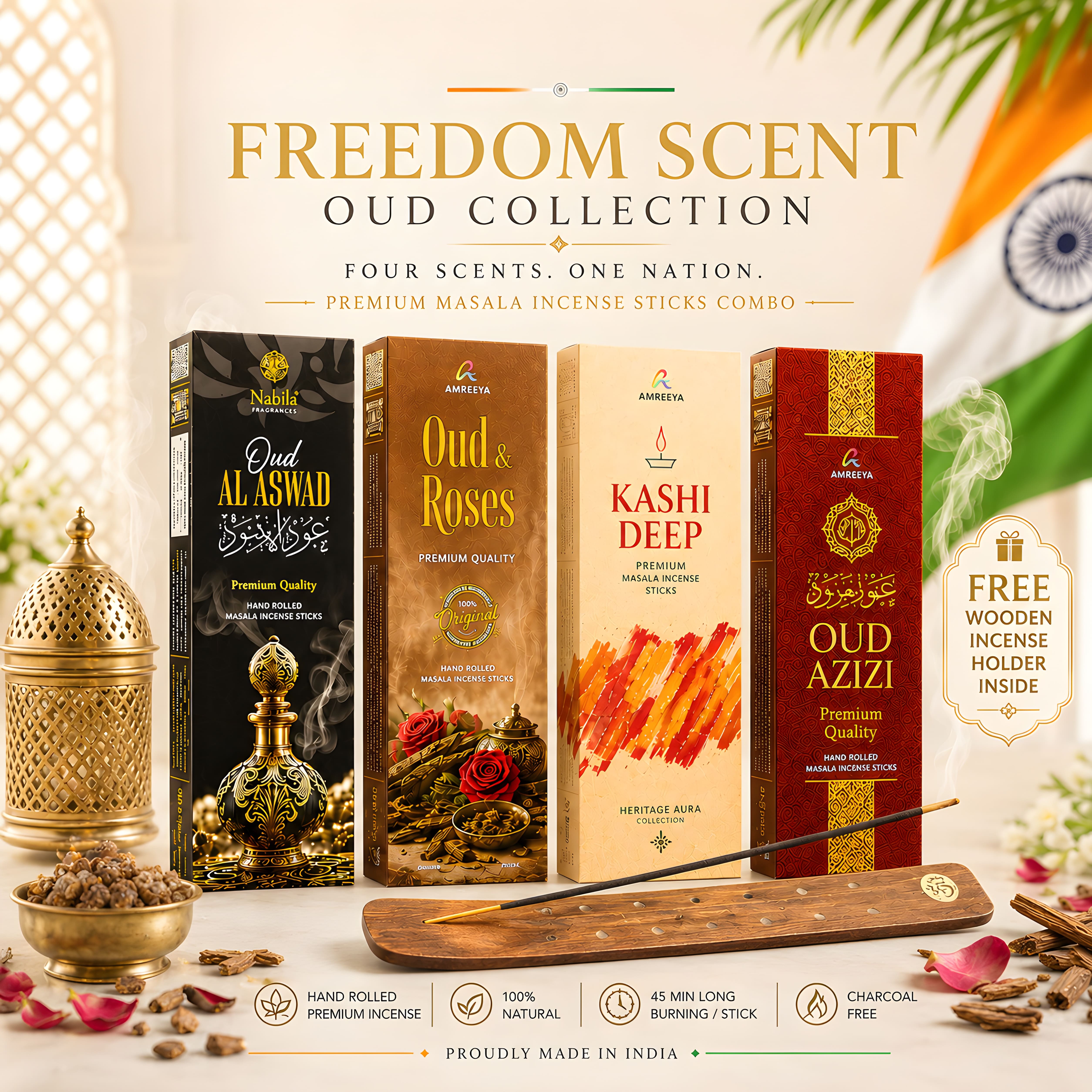 Amreeya Freedom Scent Oud Collection Premium Masala Incense Sticks Combo Pack of 4 with Free Wooden Incense Holder