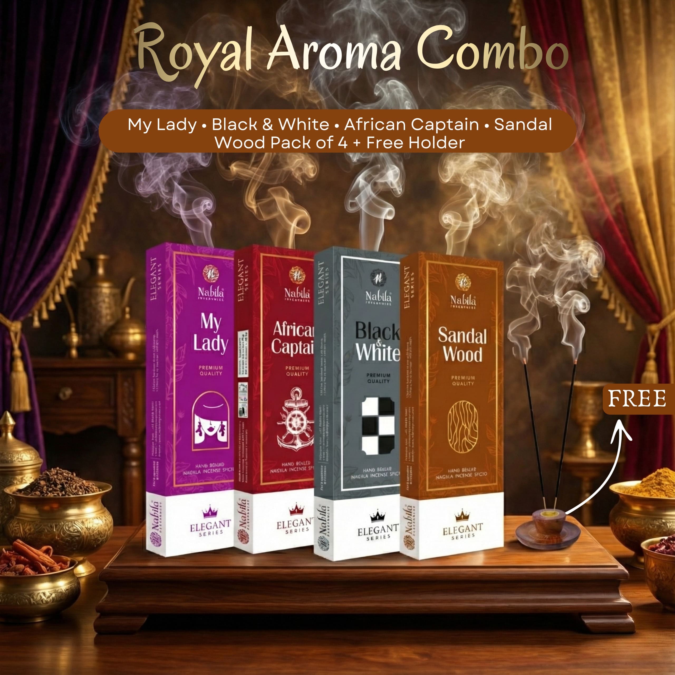 Nabila Fragrance Royal Aroma Combo – My Lady, Black & White, African Captain & Sandal Wood | Premium Masala Incense Sticks | Pack of 4 + 1 Free Holder